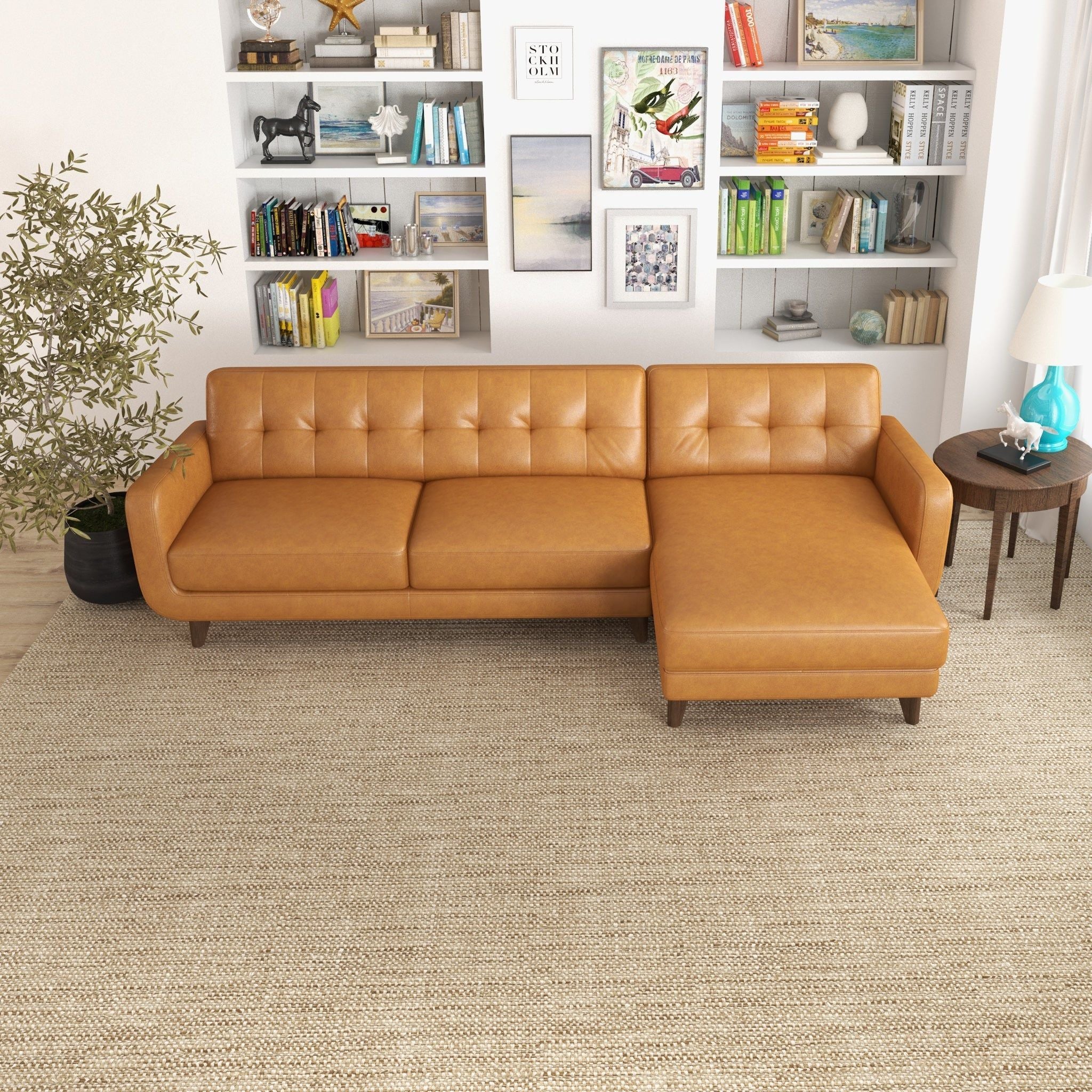 Allison - Mid-Century Modern Leather Sectional Sofa Chaise