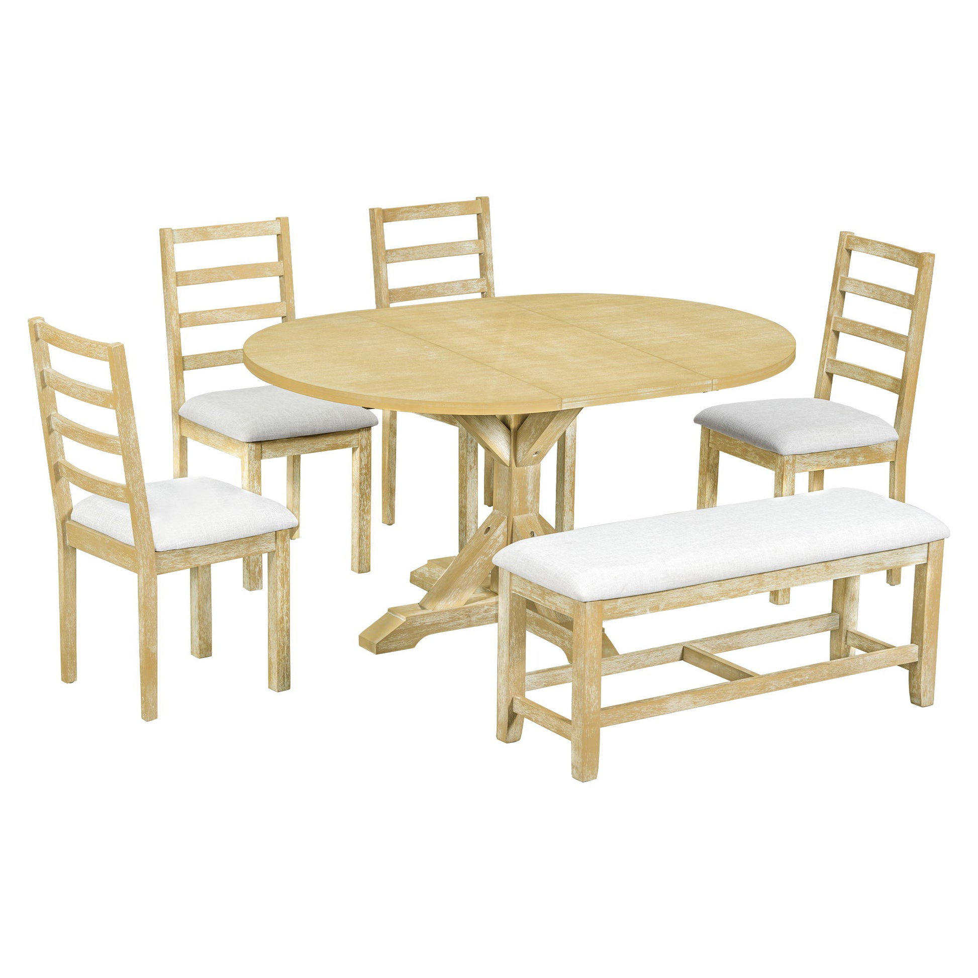 Topmax - 6 Piece Farmhouse Extendable Pedestal Dining Table Set With 18Inch Removable Leaf, Bench And 4 Ladder Back Dining Chairs - Best Buy Furniture