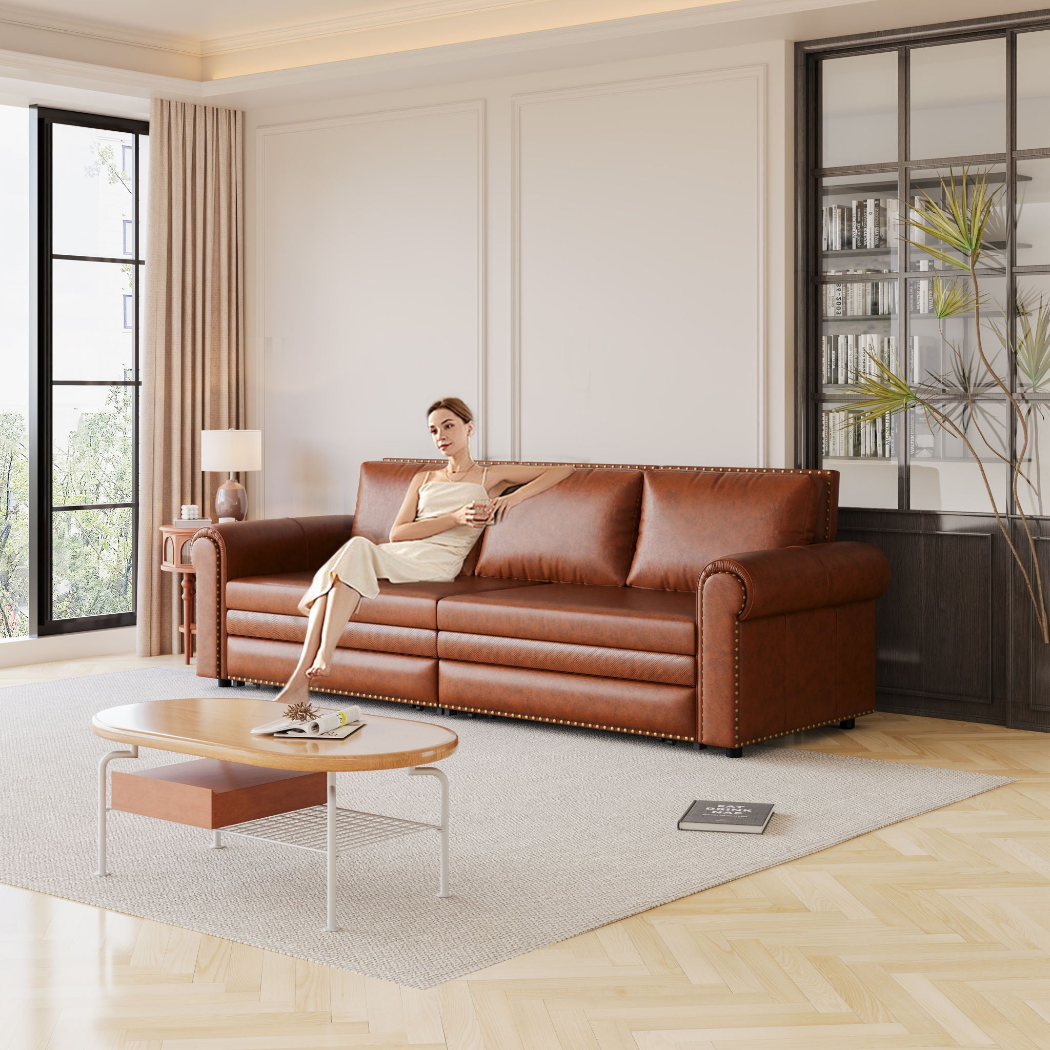 3 In 1 Convertible Sleeper Sofa With Nailhead Trim & Rolled Arm