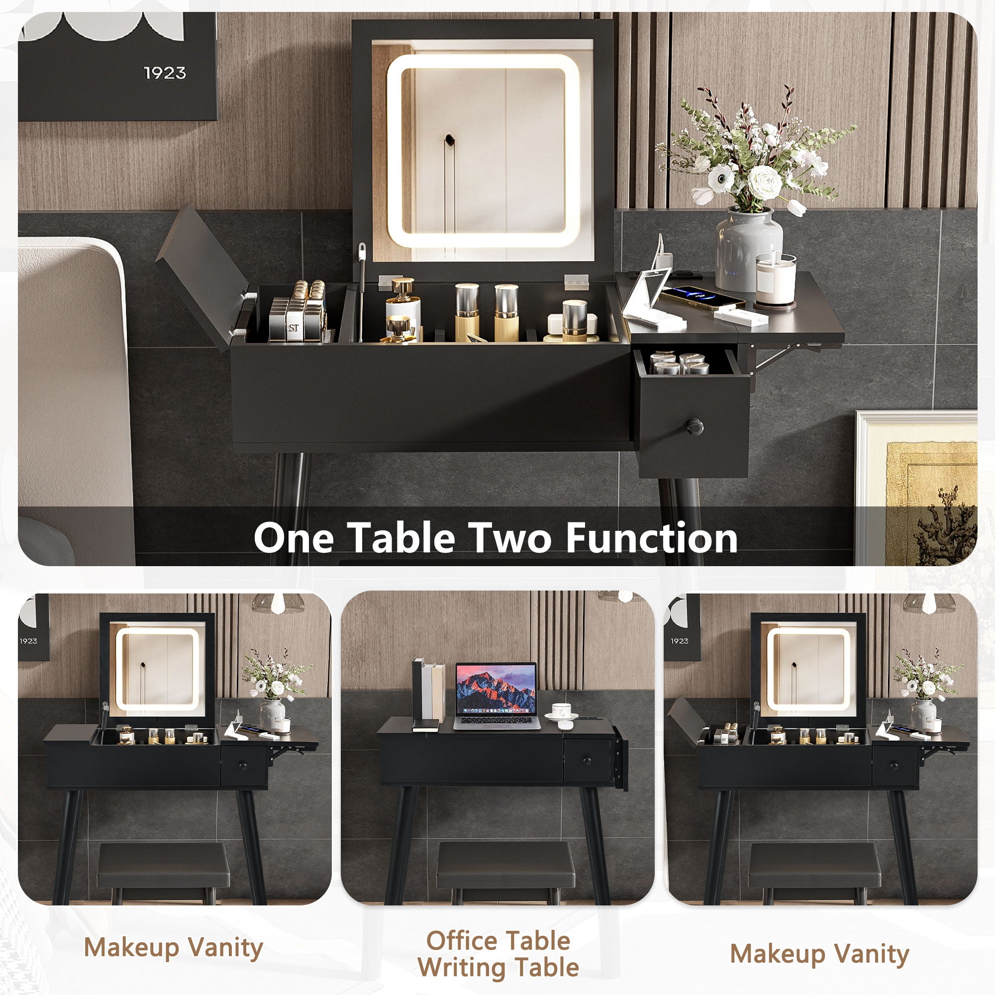 Makeup Vanity Desk With Flip Top Mirror And LED Light, Dressing Table With Charging Station, 2 Drawers And Fold Up Panel, Vanity Set With Cushioned Stool For Bedroom - Black - Best Buy Furniture