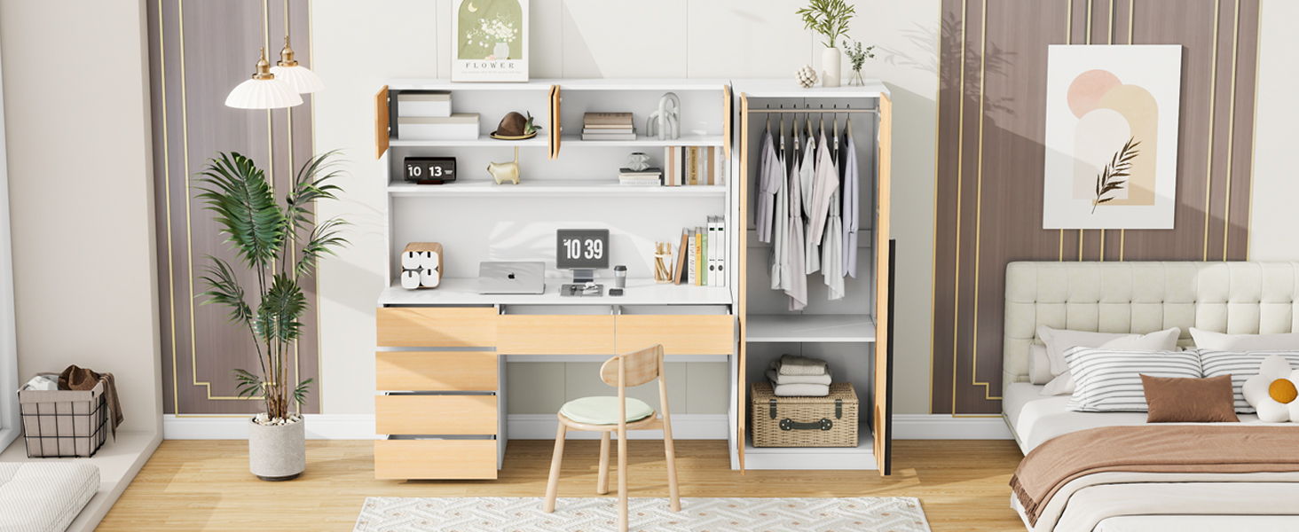 2 Door Storage Desk Wardrobe For Bedroom With Shelves And Drawers