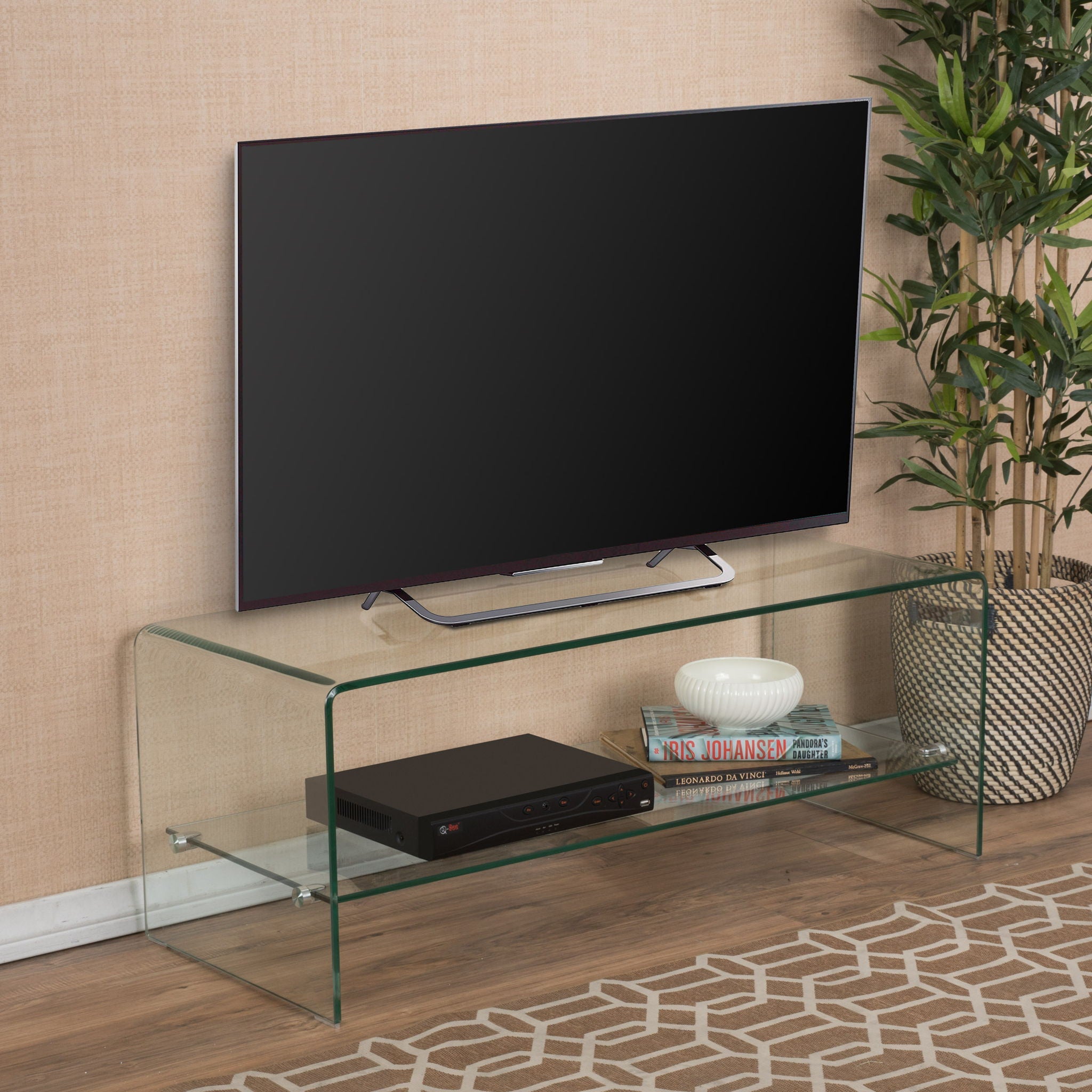 Modern Tempered Glass TV Stand With Shelf And Open Back Design - Clear - Best Buy Furniture