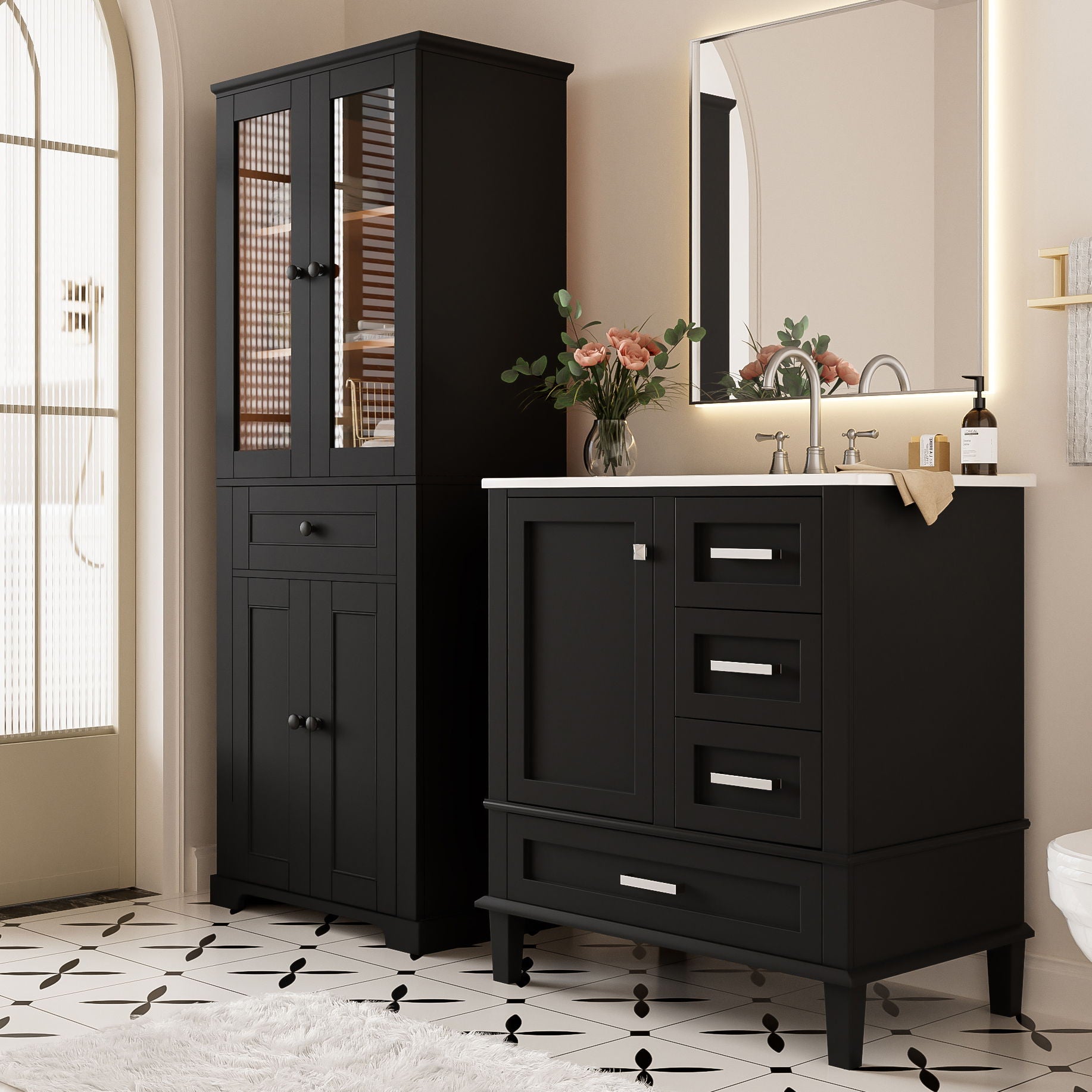 Bathroom Vanity & Tall Storage Cabinet Set With Doors, Adjustable Shelves, Soft Close Hinges, Sink