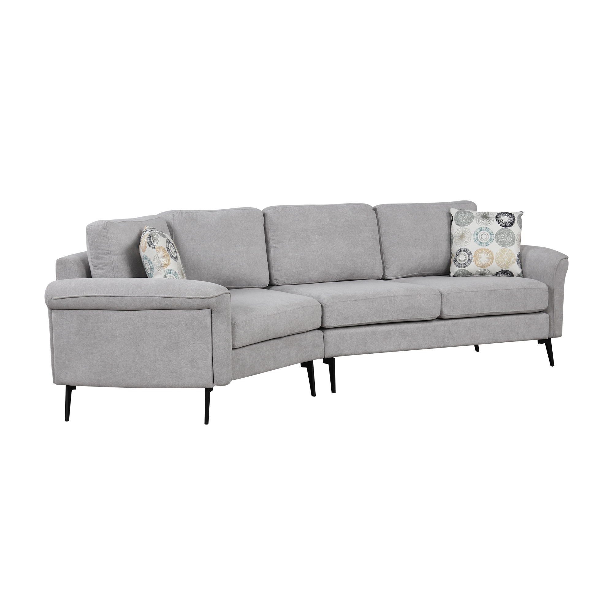 Upholstered 3 Seater Curved Sofa With Printed Pillows Chenille