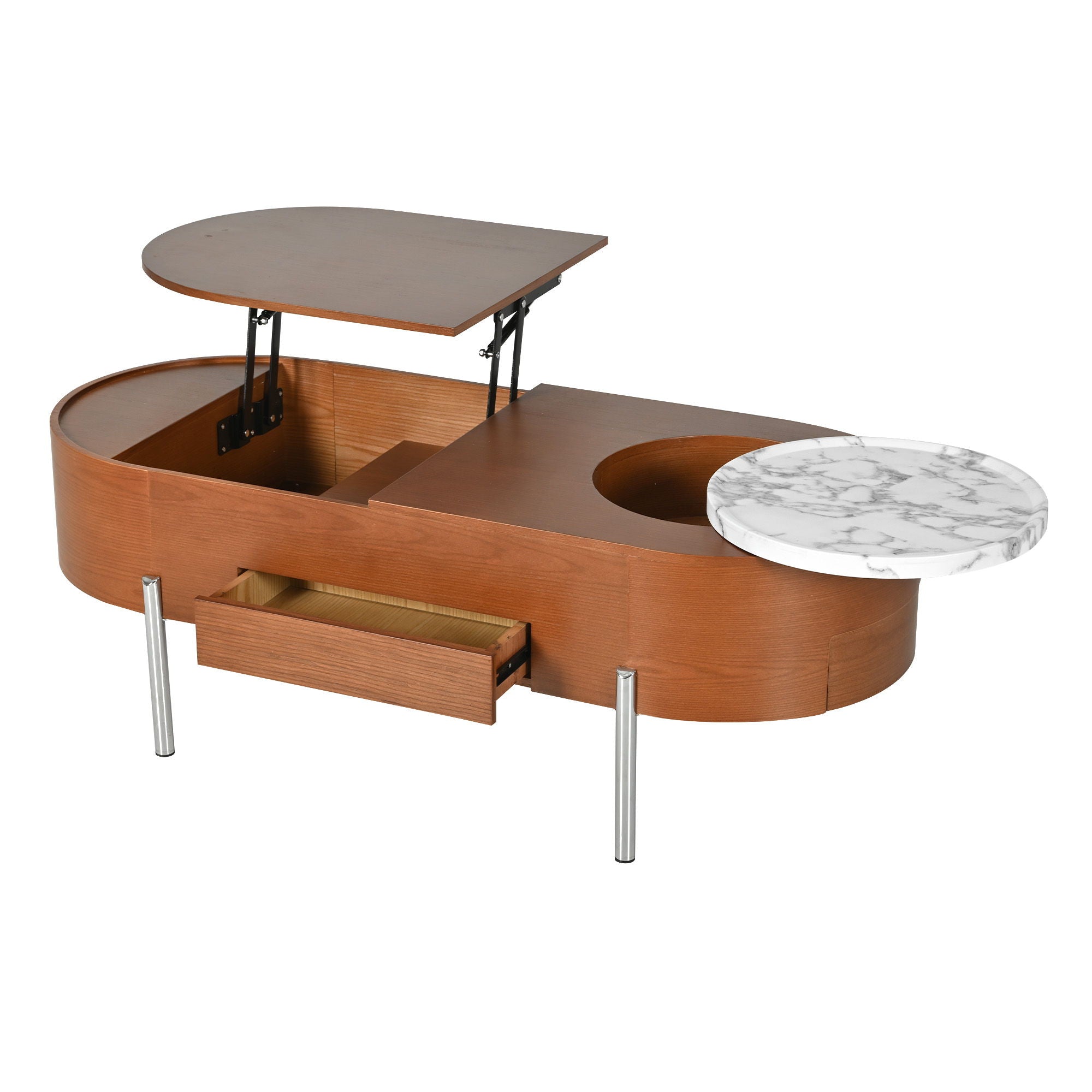 Lift Top Coffee Table With 360 Degree Marble Patterned Rotating Tray