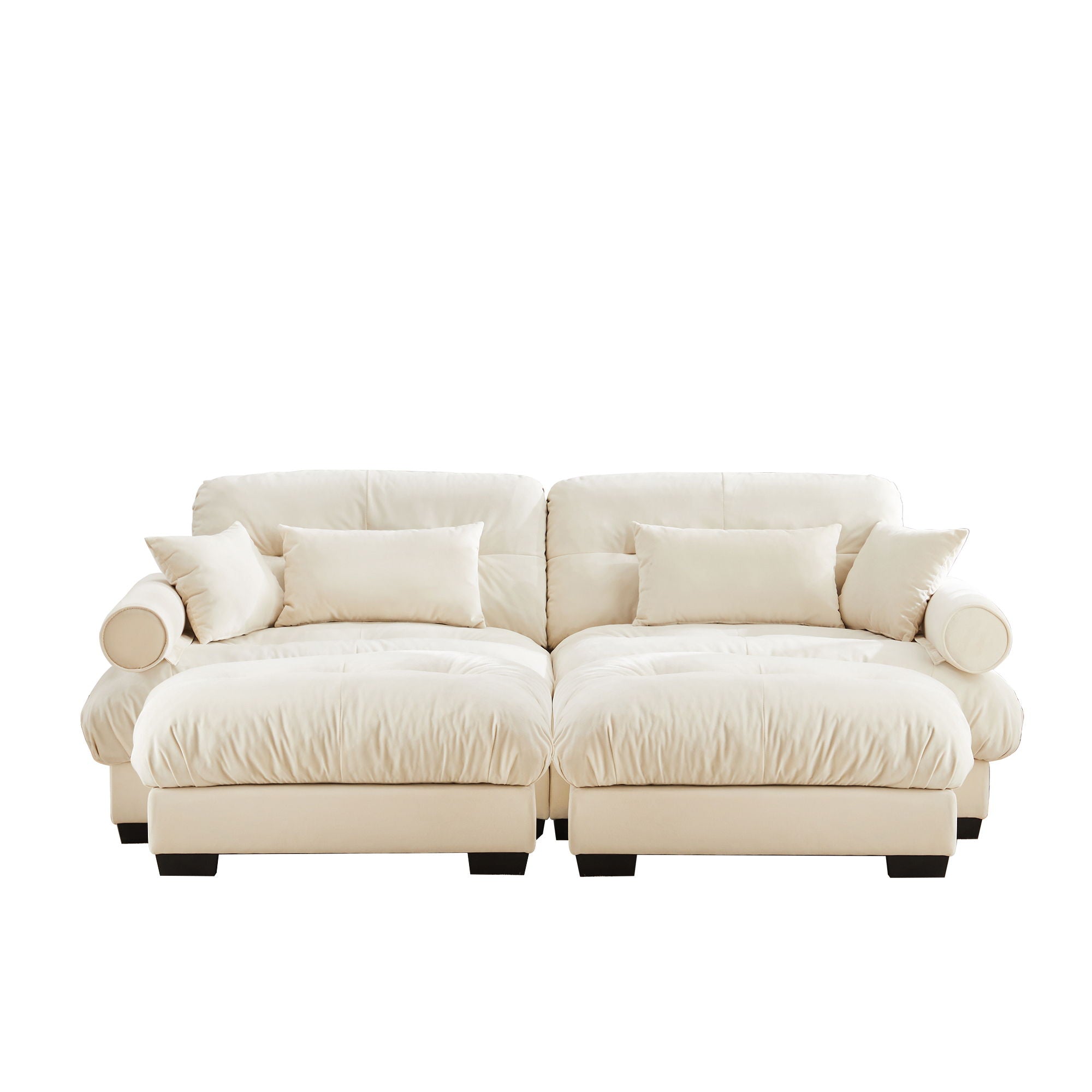 Modern Sectional Sofa With Ottoman, Round Bolster Armrests, Waist And Throw Pillows