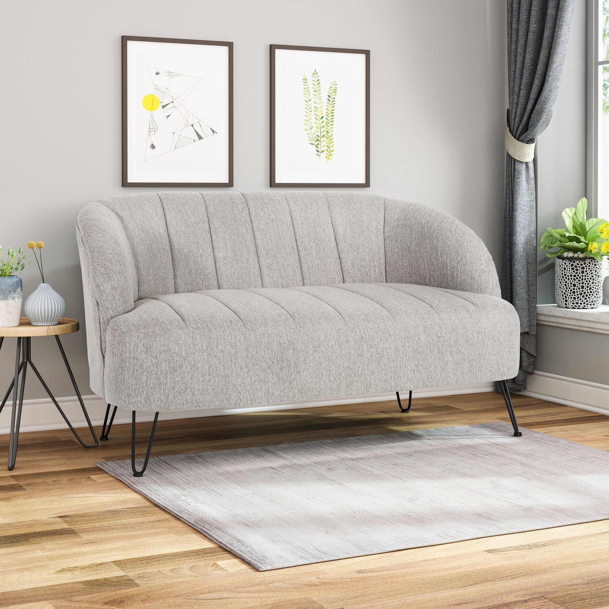 Modern Loveseat With Channel Stitching And Iron Legs - Light Gray