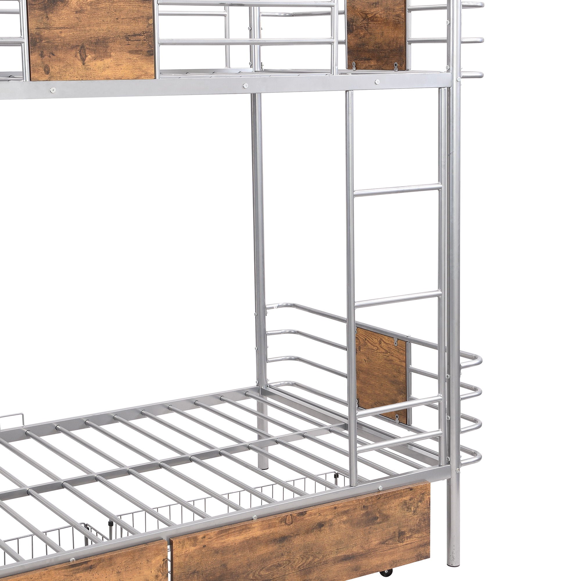 Twin Long Over Twin Long Bunk Bed With Guardrail And 2 Storage Drawers - Silver