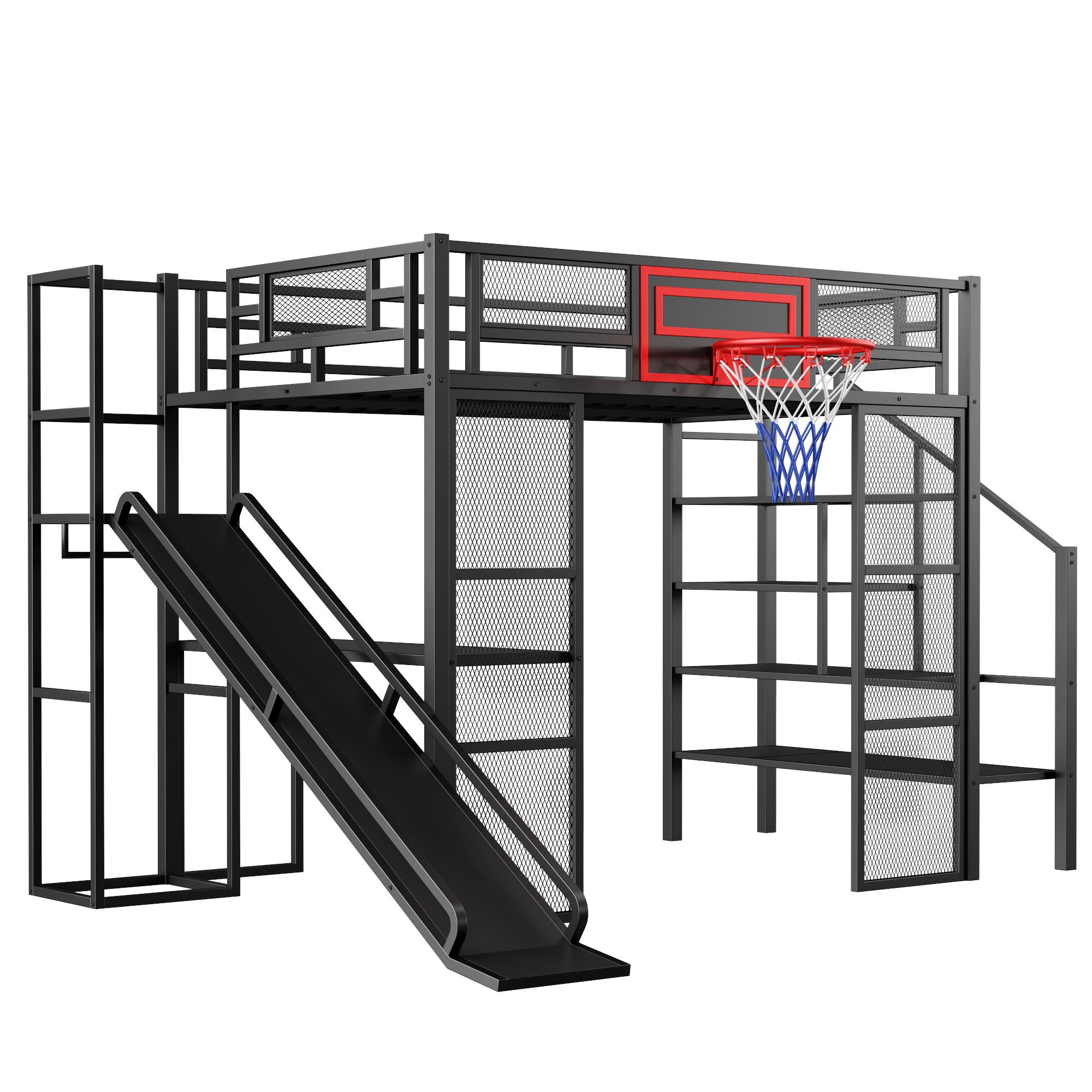 Loft Bed With Built In Desk, Open Wardrobe, Basketball Hoop, Slide And Staircase