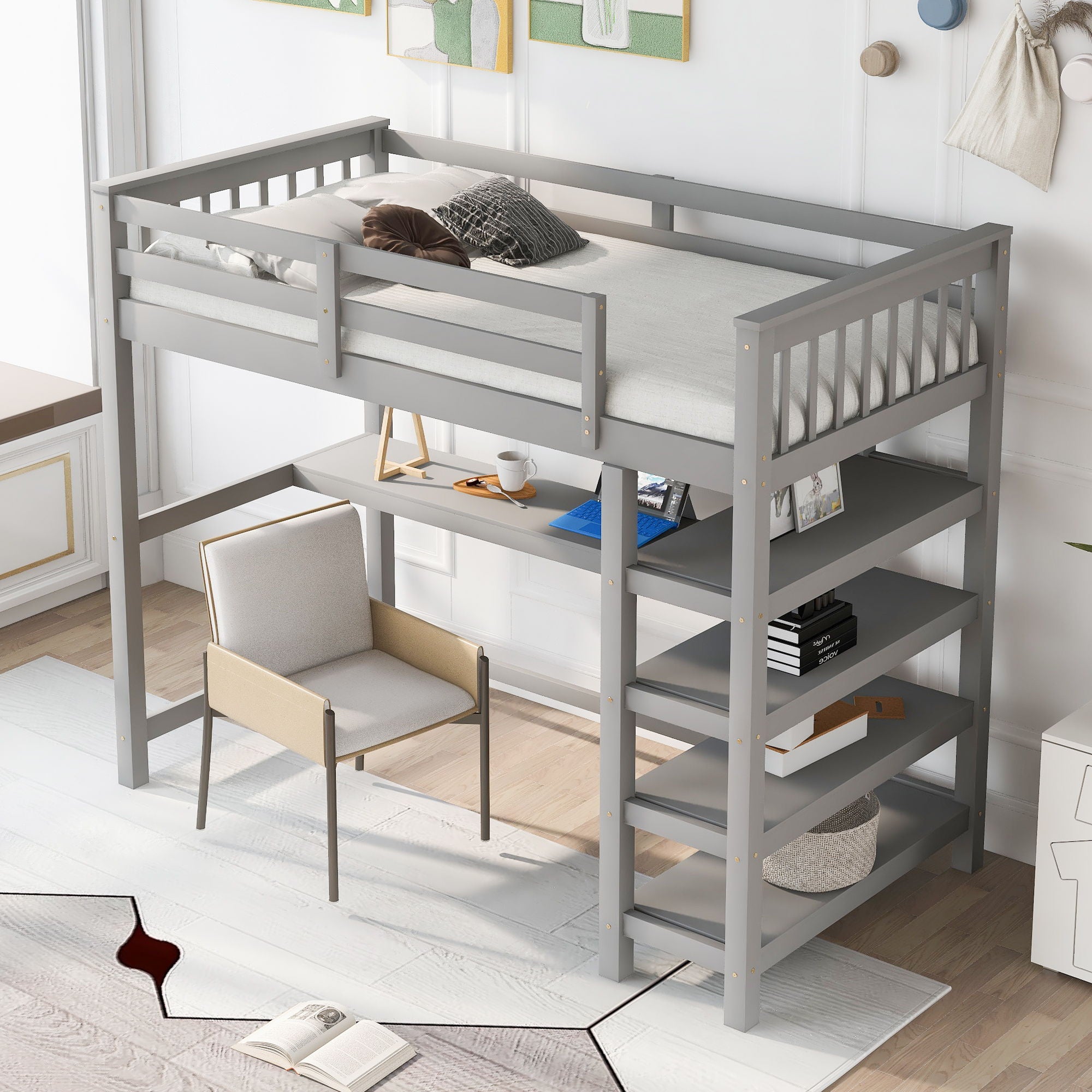 Loft Bed With Storage Shelves And Under Bed Desk