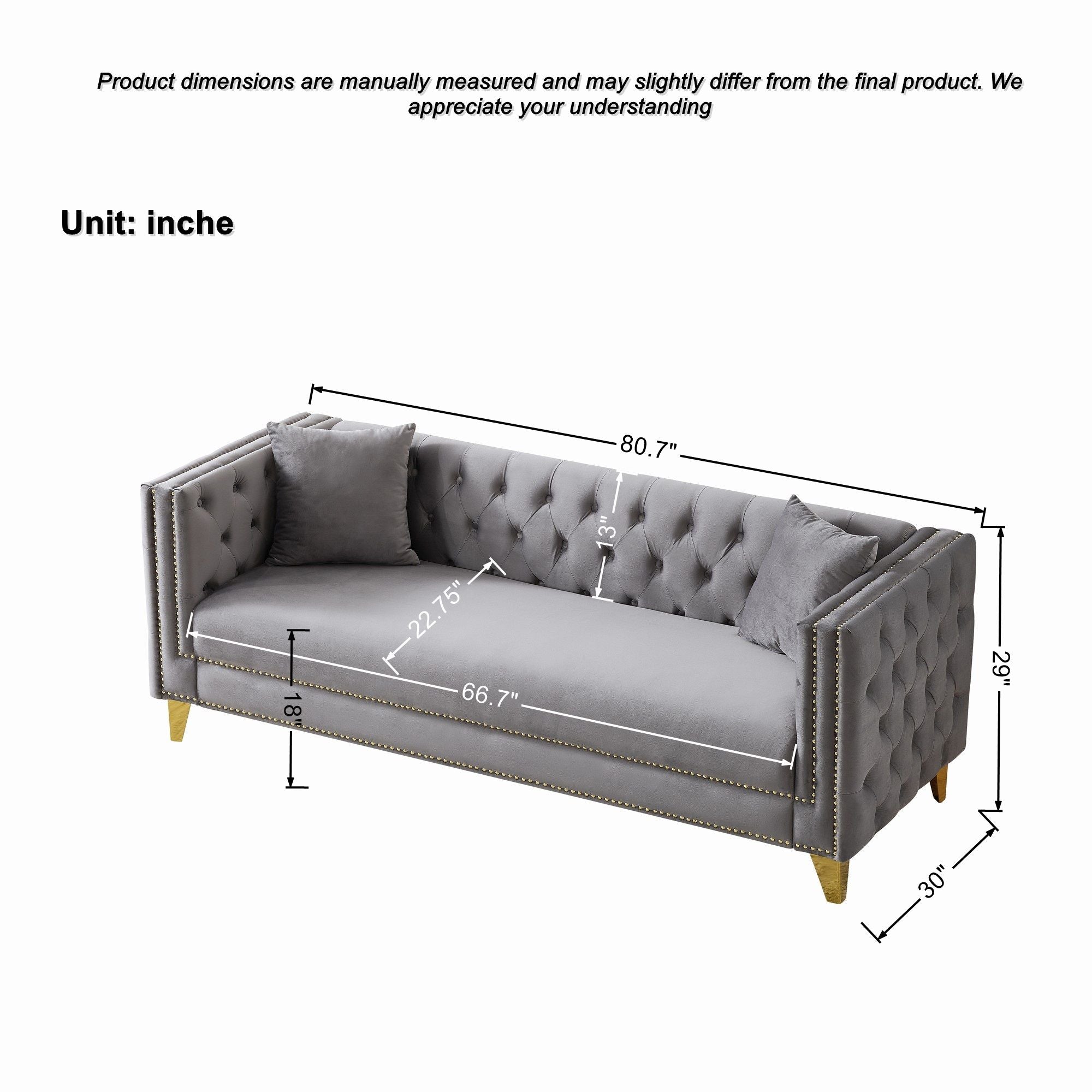 3 And 3 Seater Deep Seat Sofa With Button Nailhead And Square Arm Design - Gray