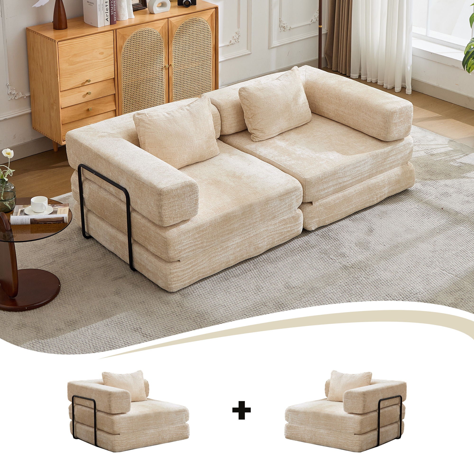 Convertible Floor Sofa Bed With Fixed Shape Frame, Loveseats Boneless Modular Sectional, For Living Room - Beige