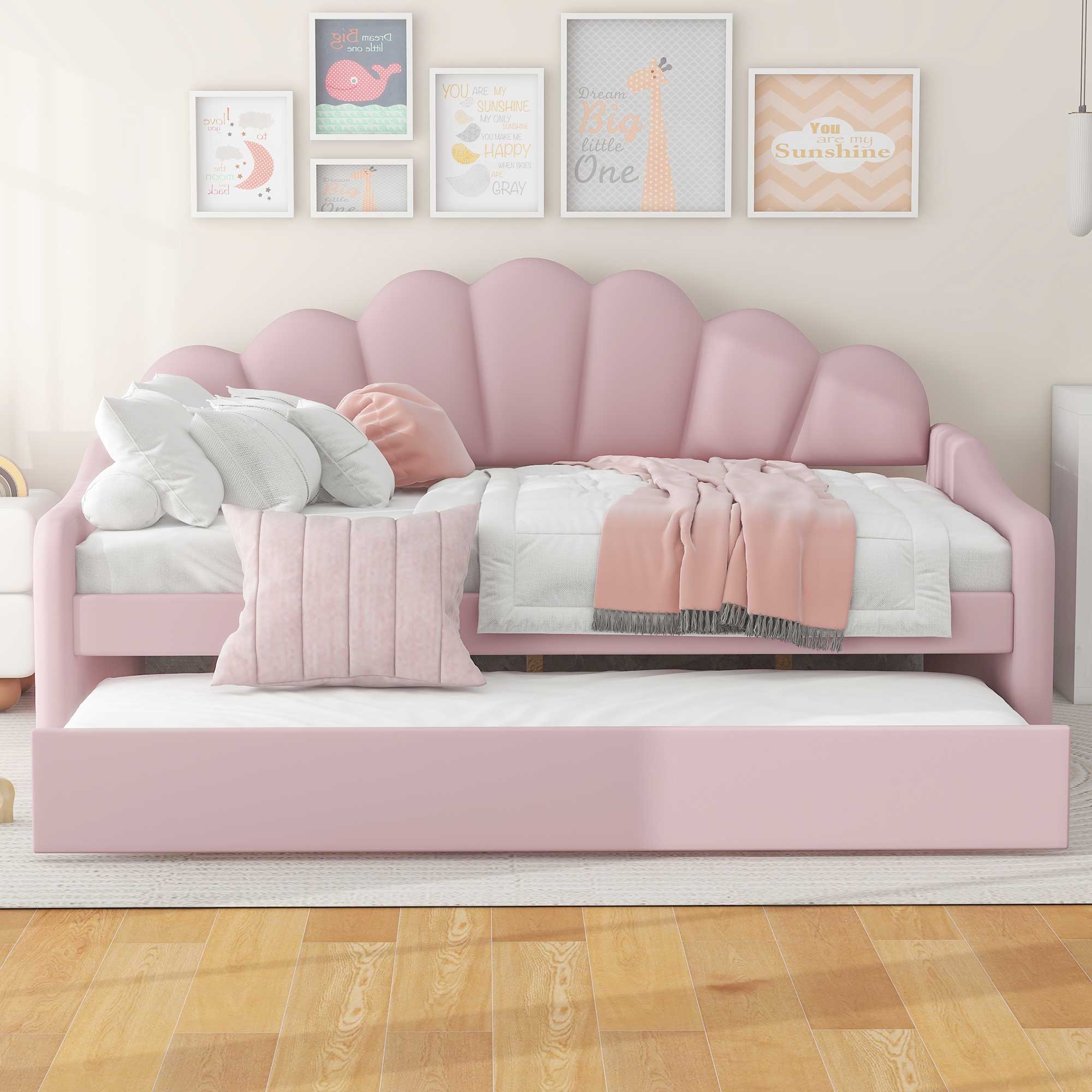 Upholstery Daybed Frame With Shell Shaped Backrest And Trundle