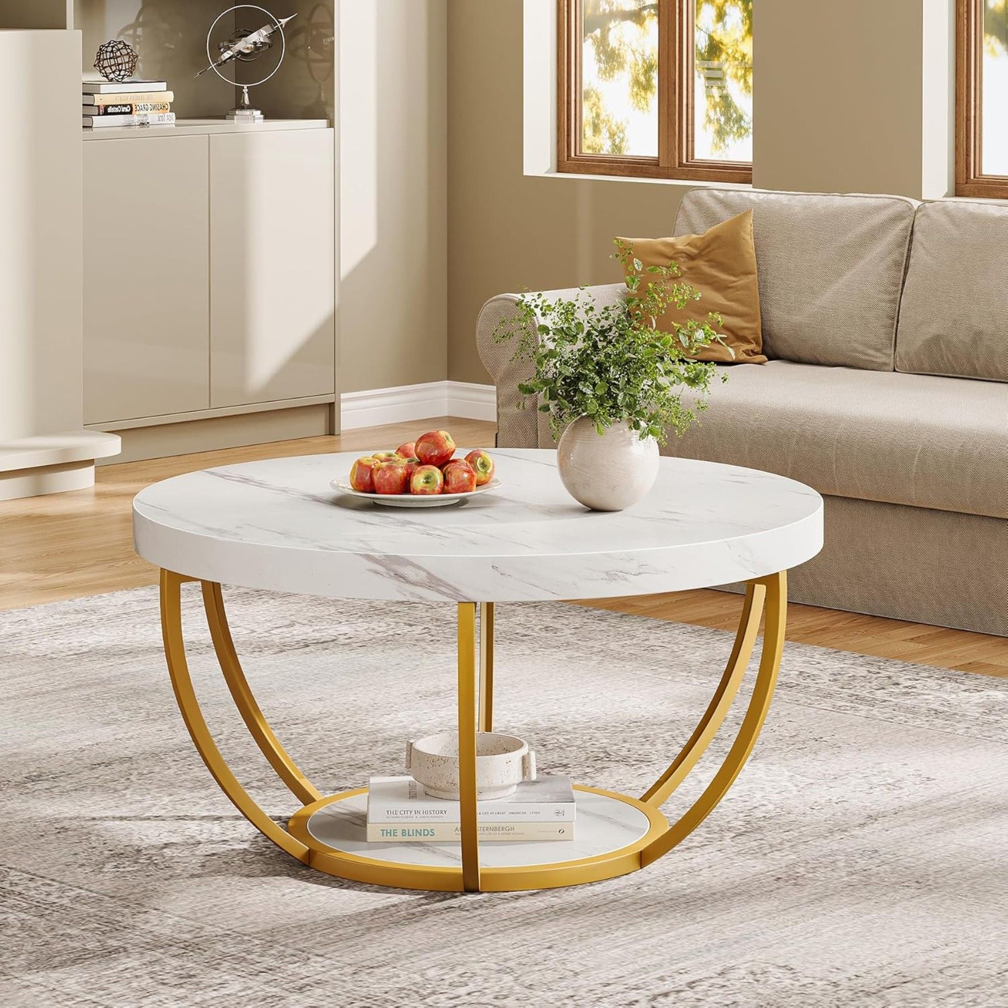 2 Tier Circle Coffee Table With Storage Shelves