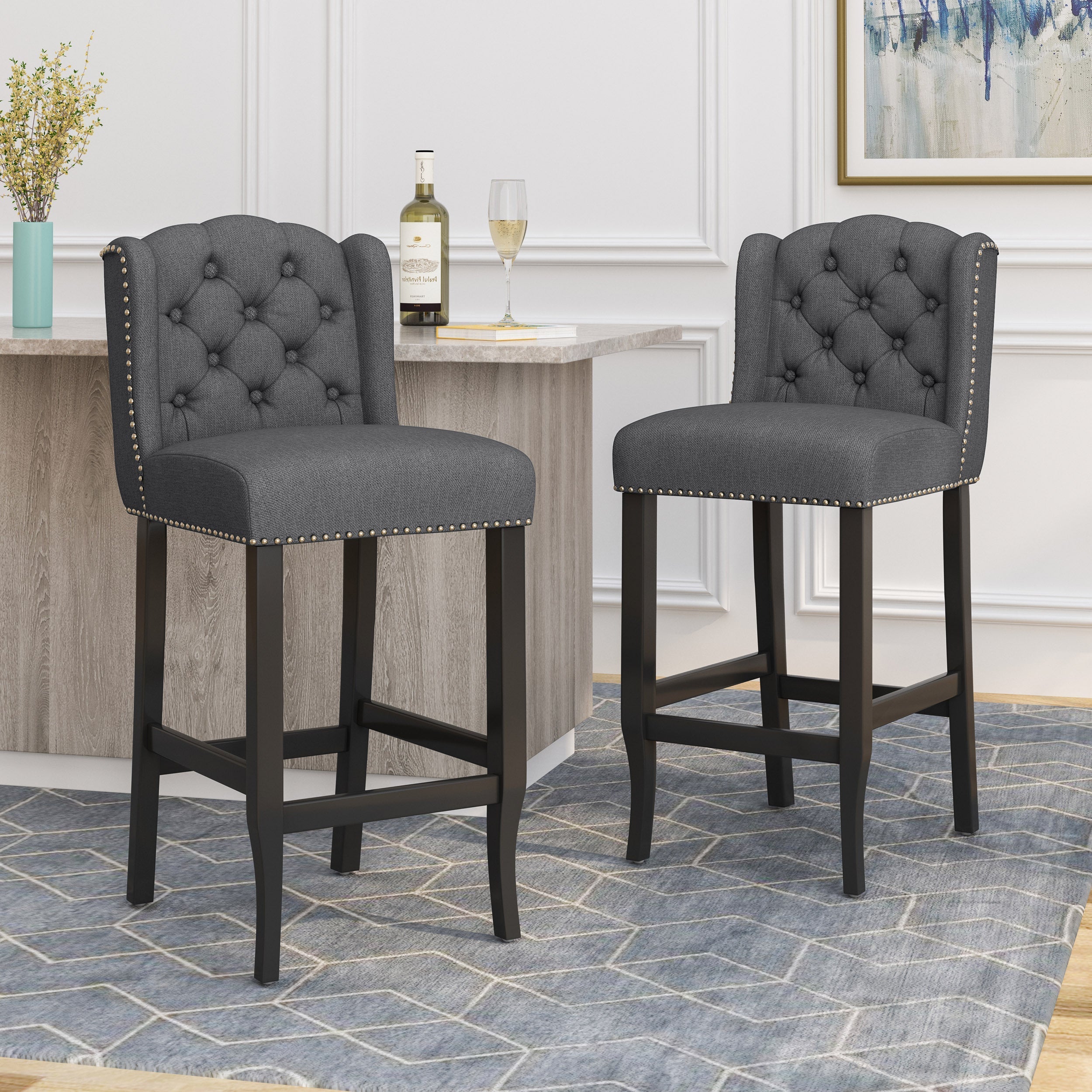 Fabric Tufted Counter Stool with Nailhead Accents - Set of 2