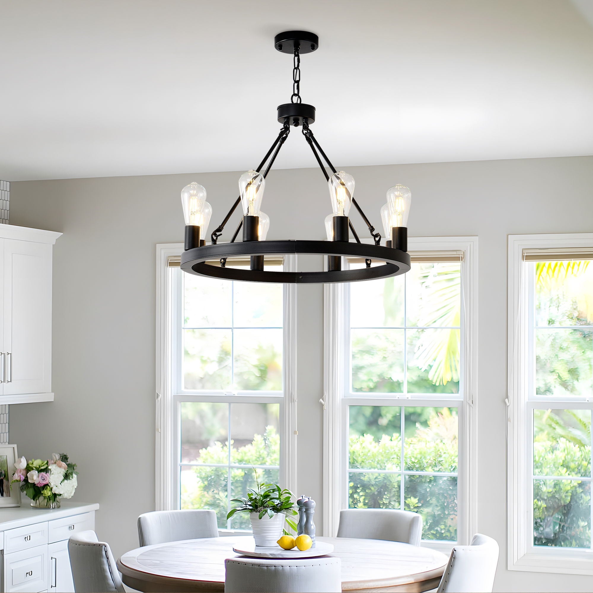 6 Light (No Bulbs) Wagon Wheel Chandelier Farmhouse Modern Small Round Chandelier For Living Room Kitchen Island Foyer Hallway Entryway Bedroom Dining Room Light Fixture Ceiling Hanging - Matte Black