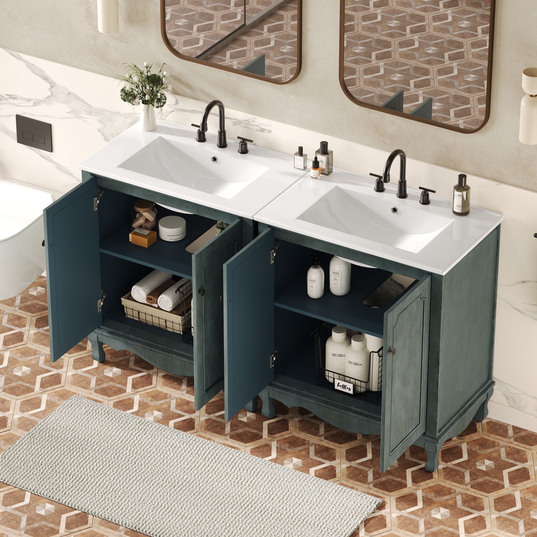 Vintage Double Sink Bathroom Vanity Set With Ceramic Sinks