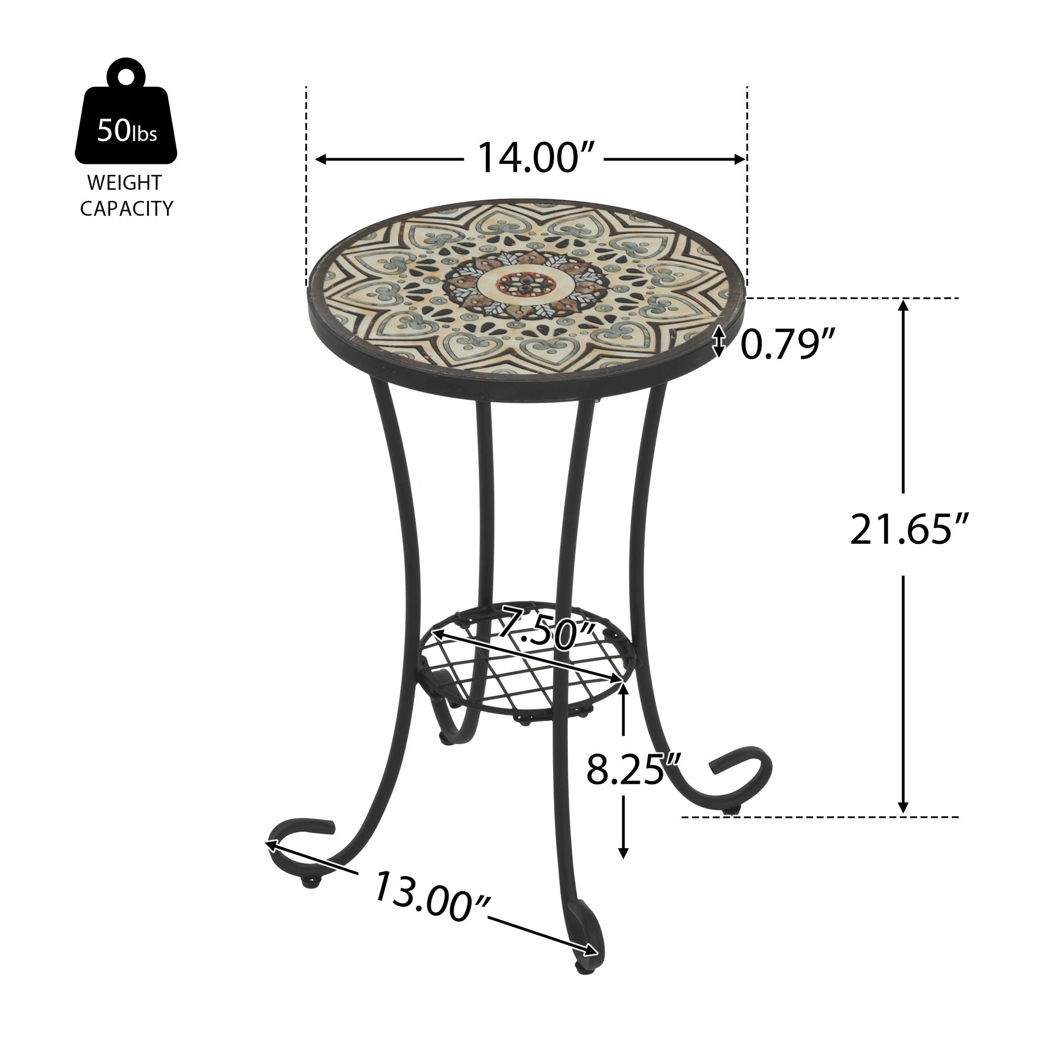 Ceramic Tile and Iron Patio Side Table with Shelf