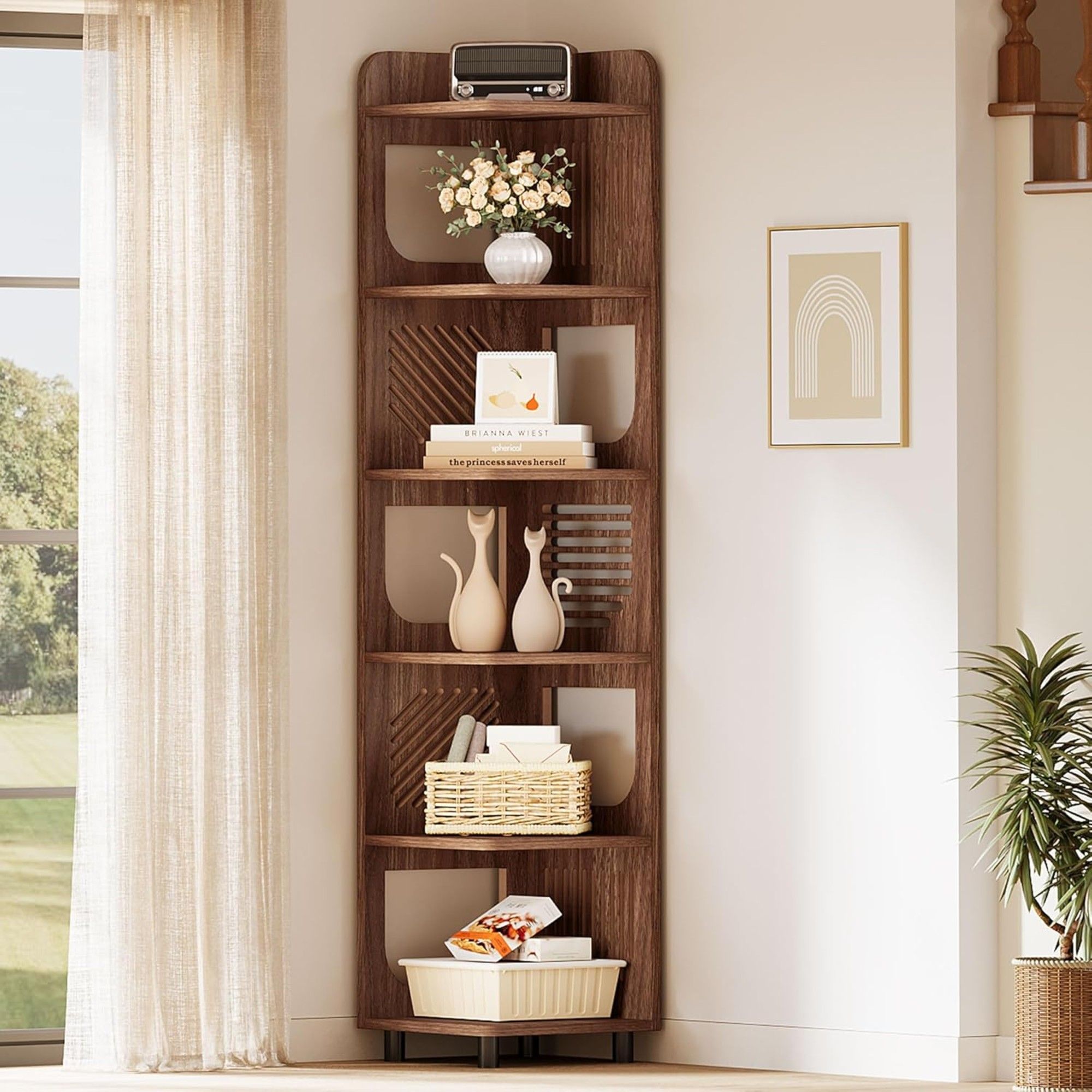 6 Tier Narrow Corner Bookshelf Storage For Living Room - Brown