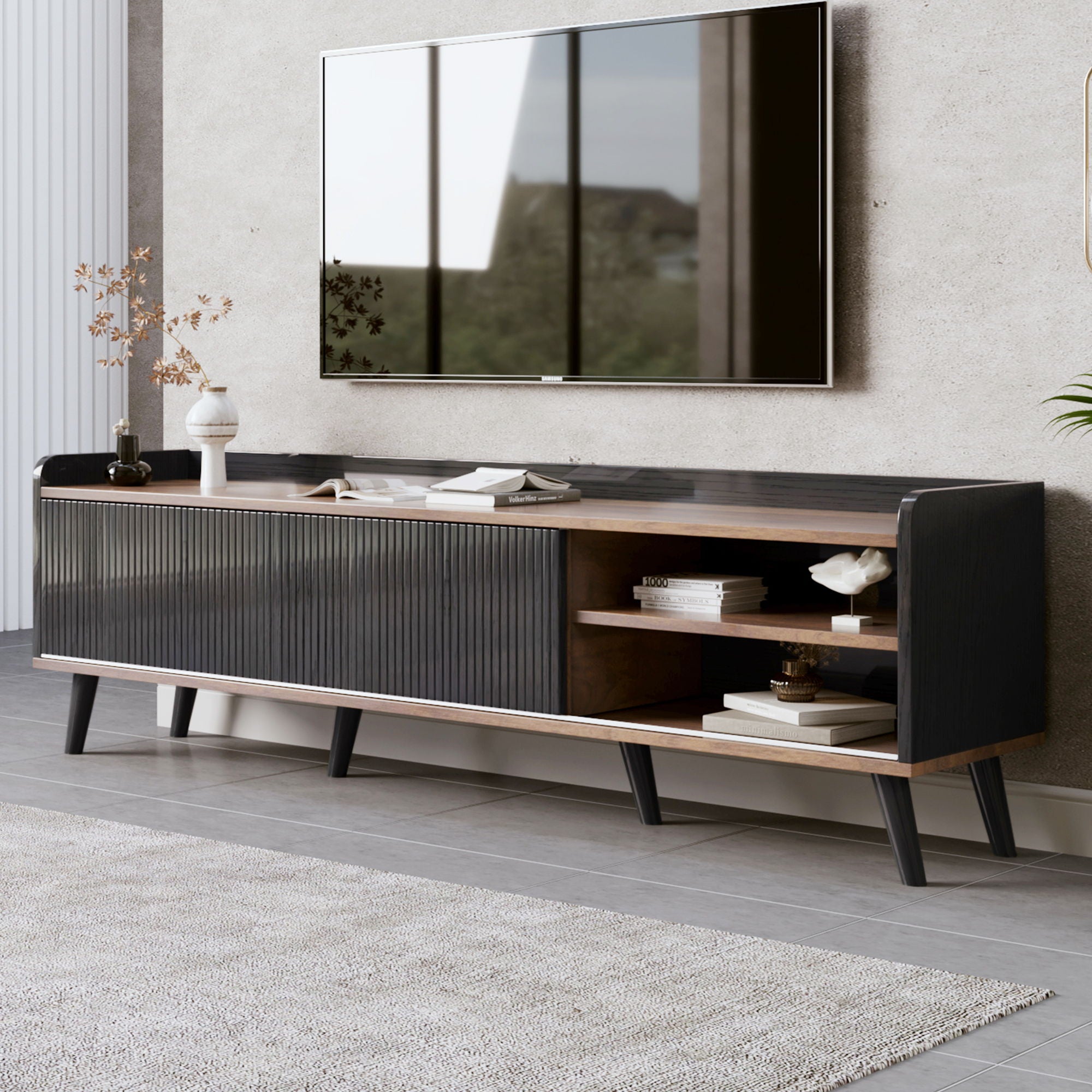 Mid Century TV Stand With 2 Cabinets & Open Compartments, Entertainment Center For Tvs Up To 70'', Television Console For Living Room - Dark Coffee / Black