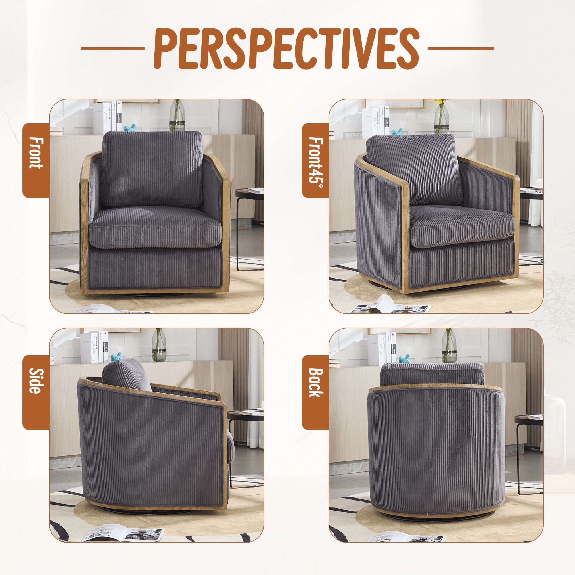 Corduroy Barrel Chair, 360 Degree Swivel