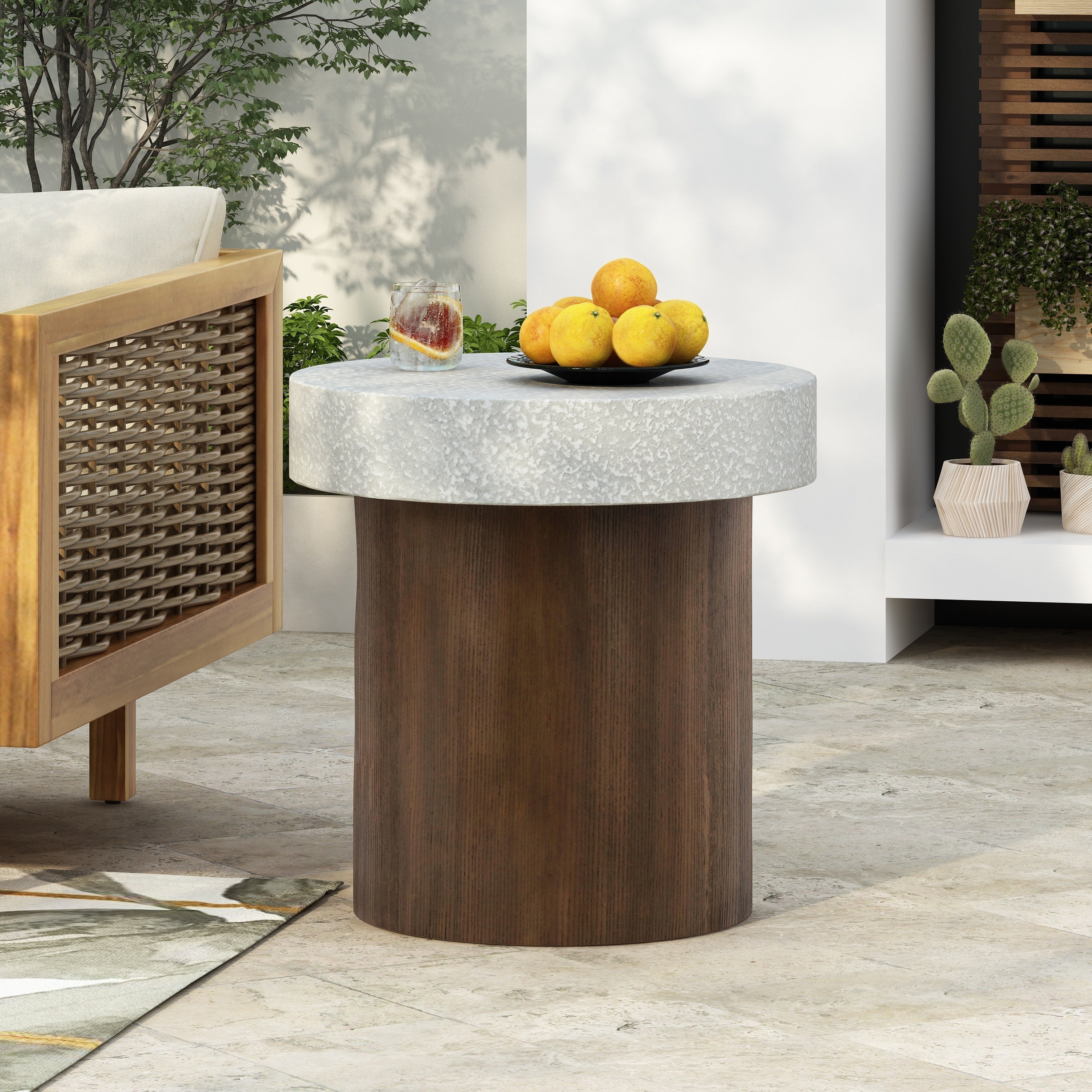 Cylindrical Side Table with Antique White Faux Stone Top and Natural Wood Base