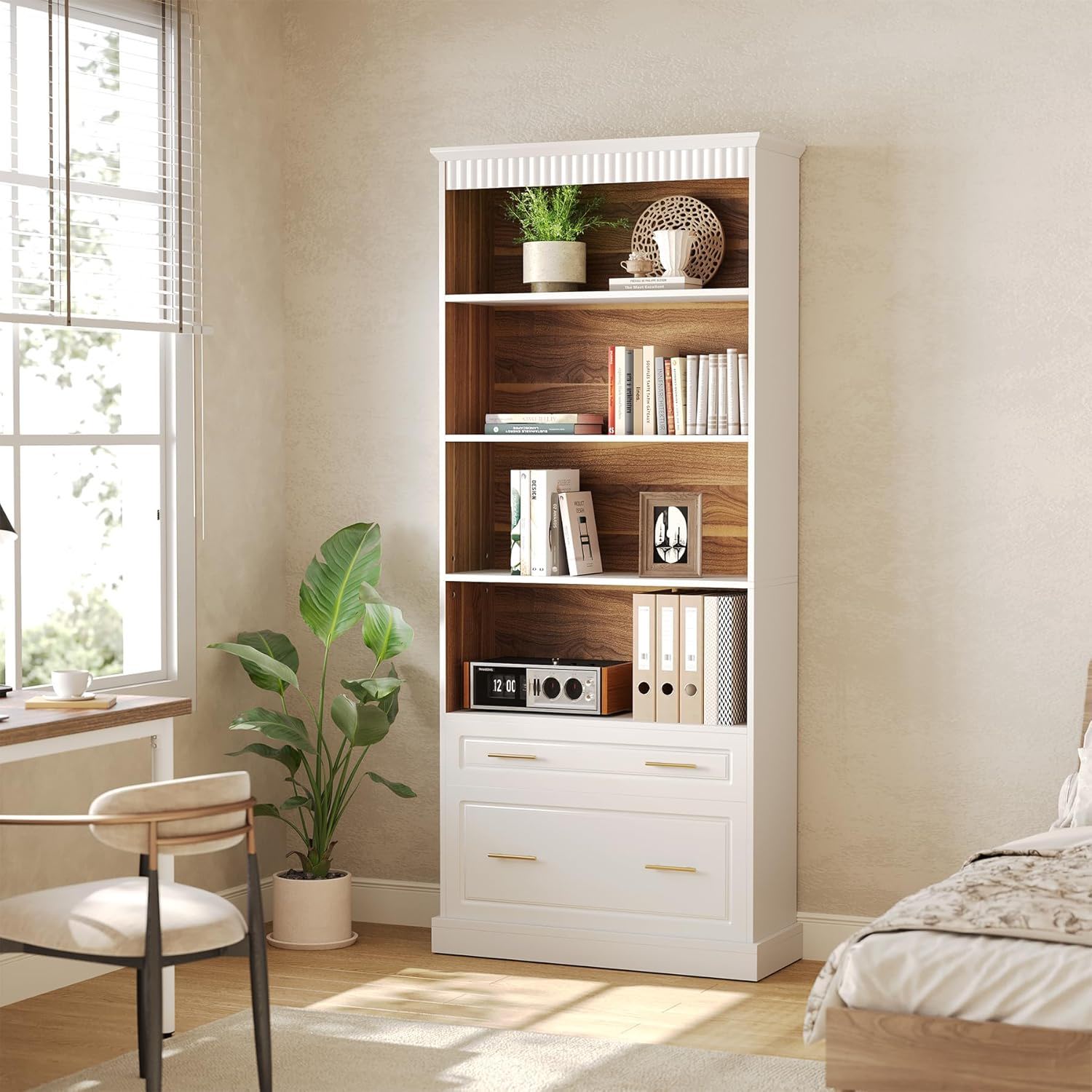 5 Tier White Bookcase With 2 Drawers Storage Organizer For Living Room - White