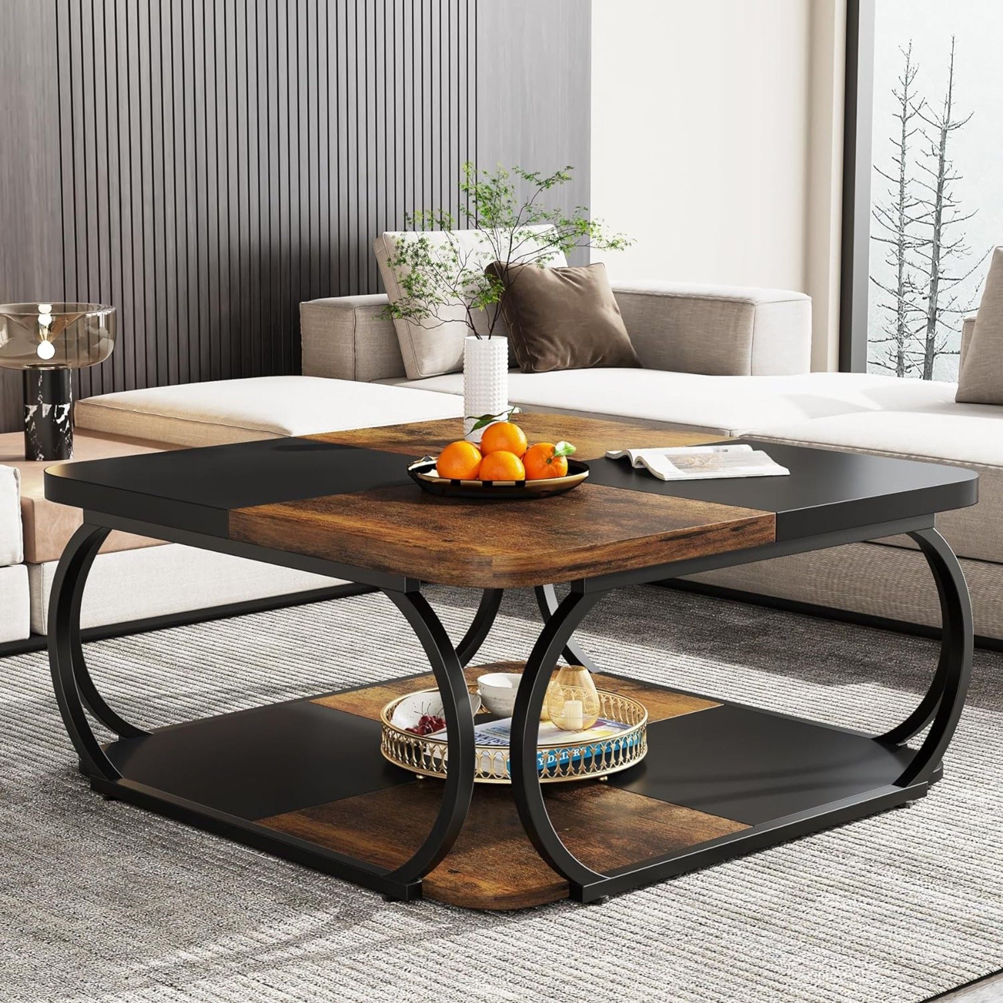 Square Coffee Table With Storage Shelf, 2 Tier For Living Room - Brown / Black