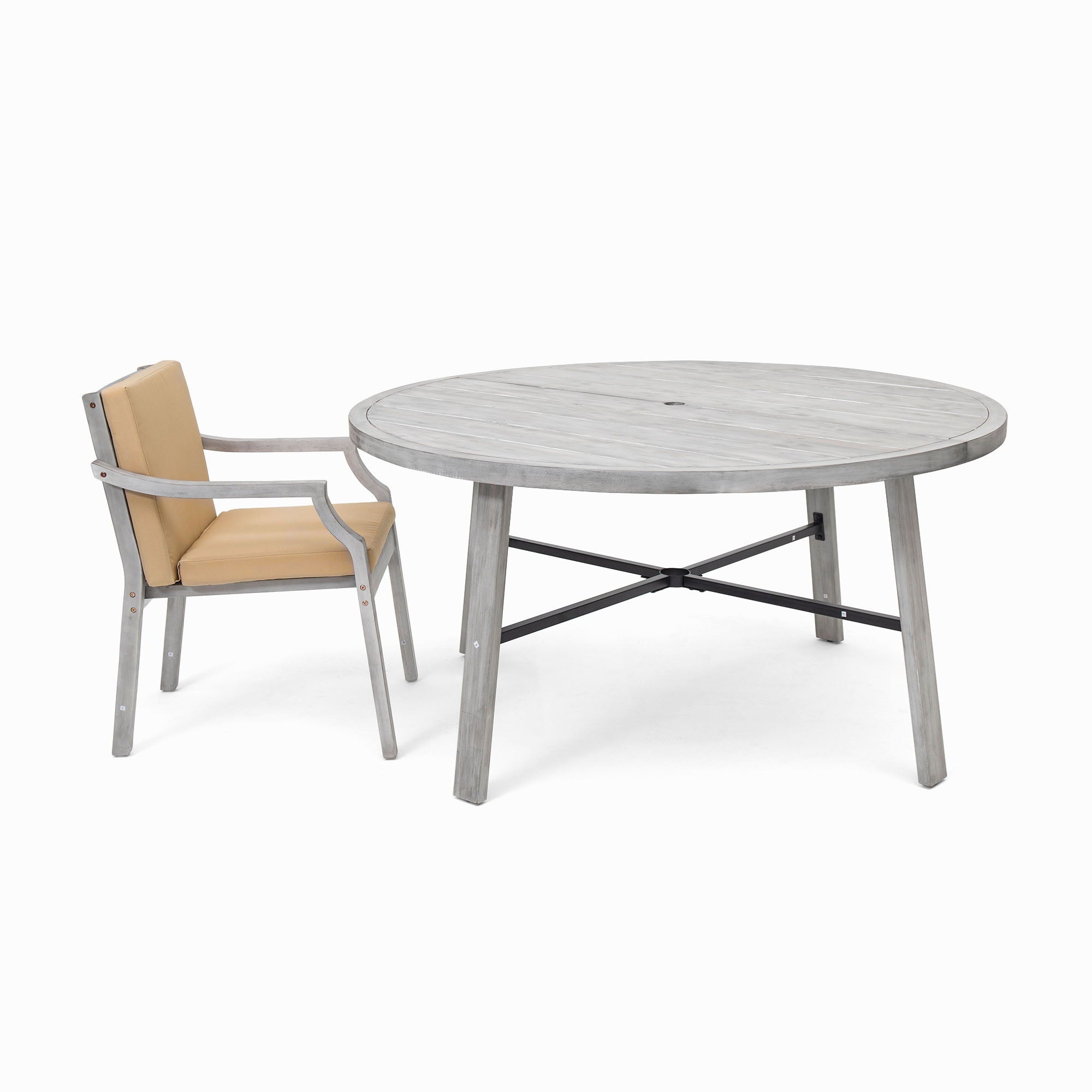 6 Person Outdoor Wooden Dining Set With Umbrella Hole And Removable Cushions For Patio - Gray