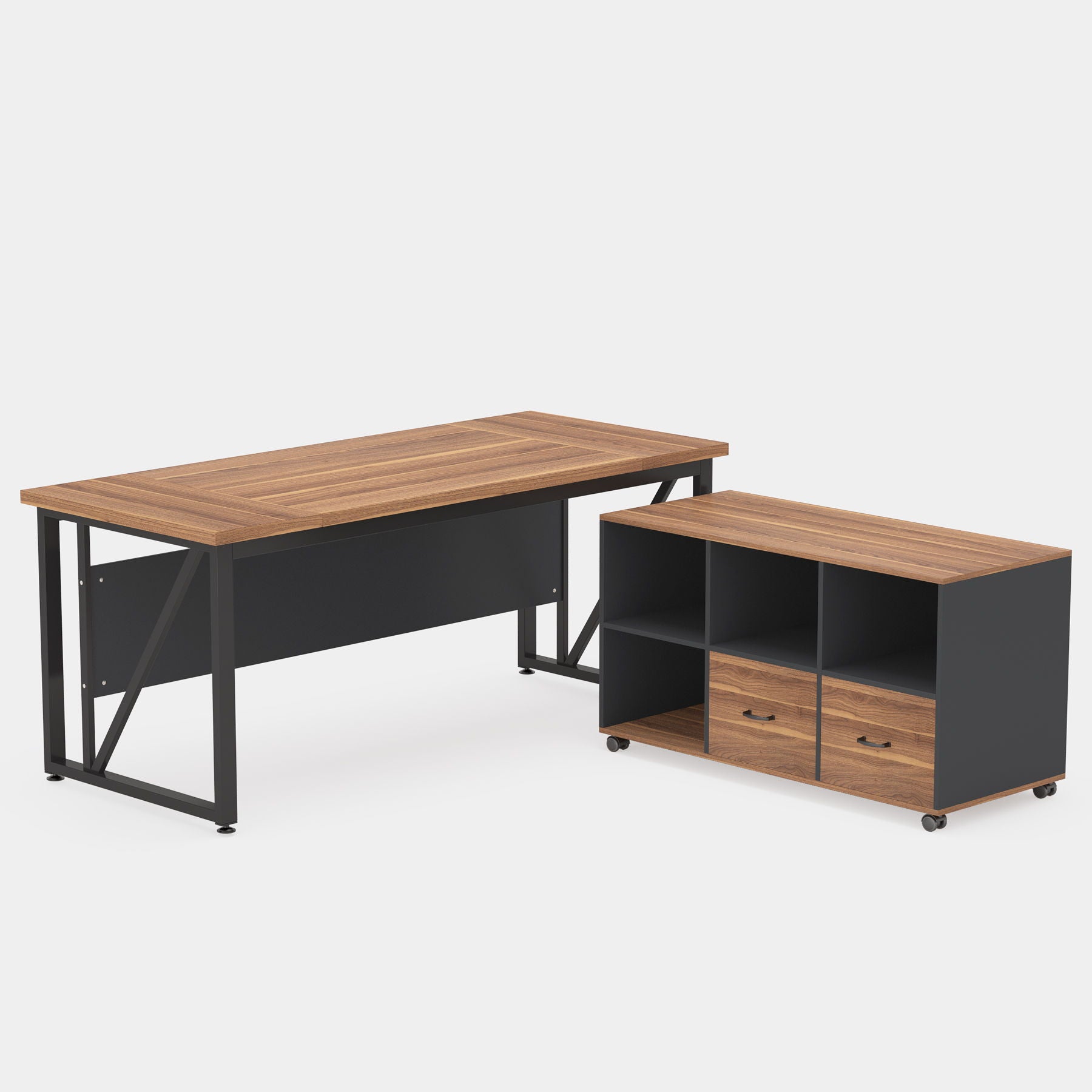 L-Shaped Executive Desk With Mobile File Cabinet, Large Home Office Workstation With Drawers And Shelves - Brown / Black