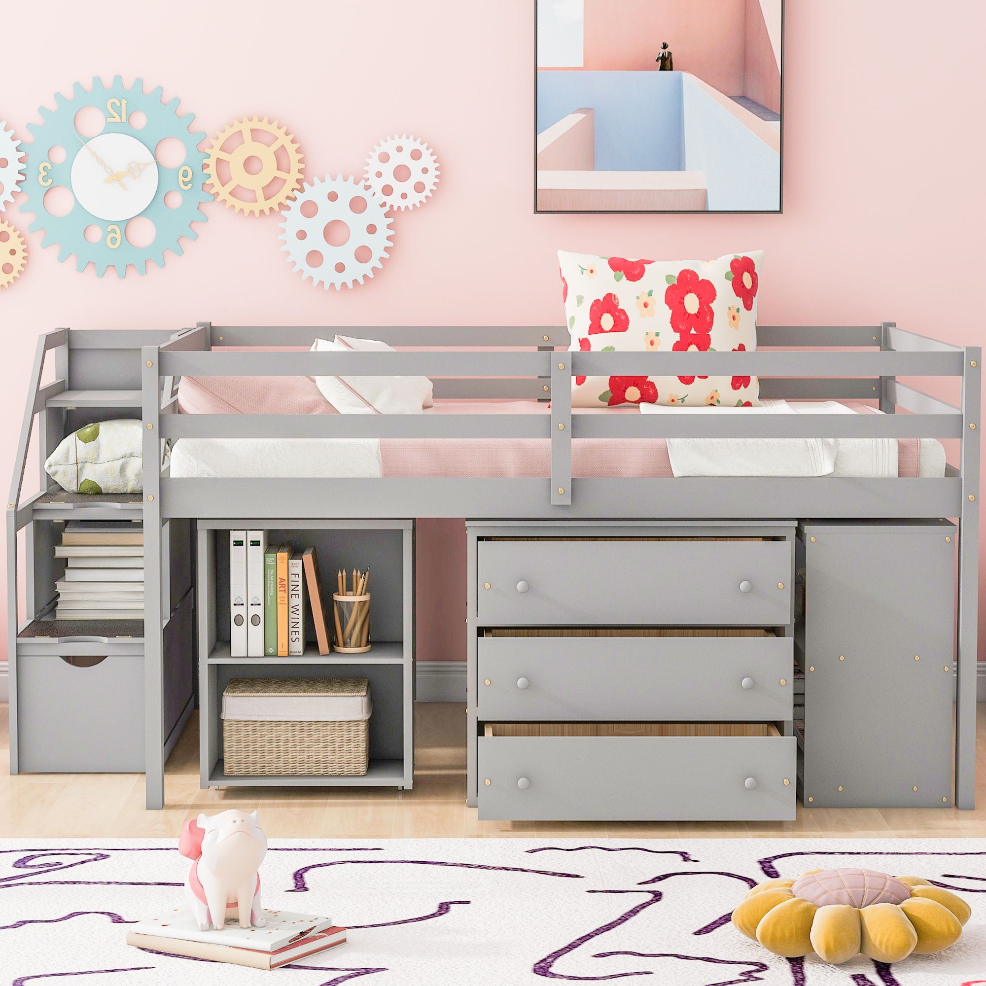 Loft Bed With Retractable Writing Desk And 3 Drawers With Storage Stairs And Shelves