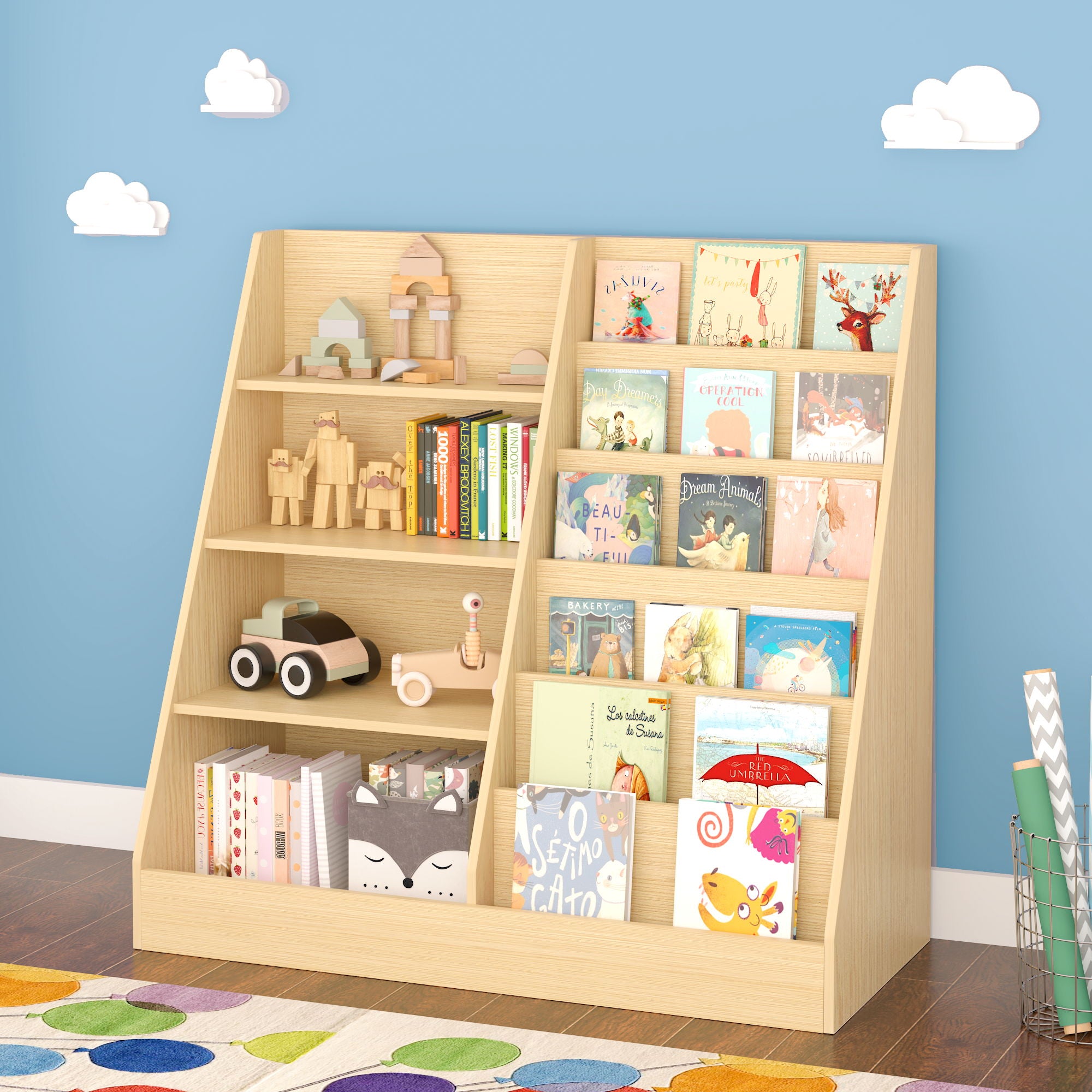 Bookshelf And Toy Storage Organizer, 4 Tier Bookcase With Display Stand For Playroom