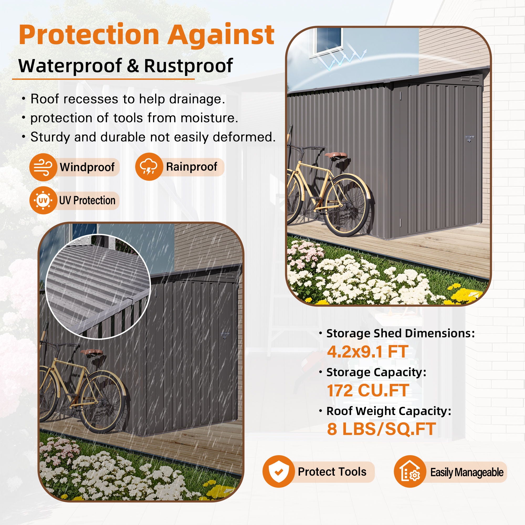 Metal Outdoor Storage Shed 4 X 9 Ft With Sloping Roof, Vents, And Side Door - Gray