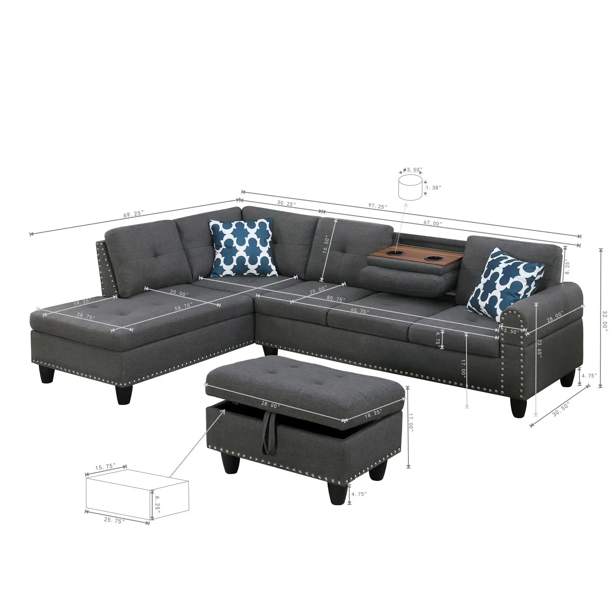 Alger - 98" Wide Left Hand Facing Sofa & Chaise With Ottoman