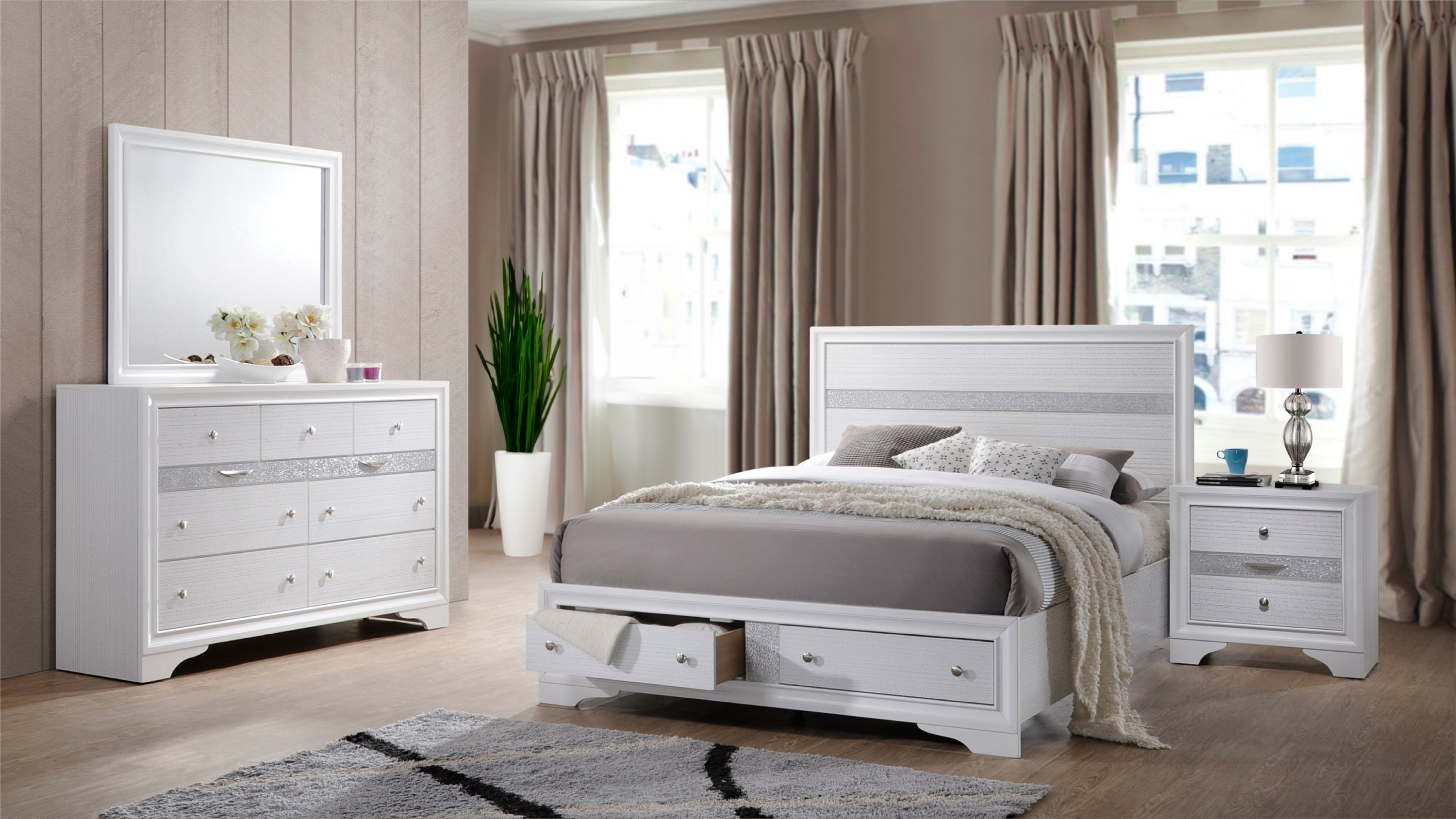Traditional Style Queen 4 Pc Storage Bedroom Set Made with Wood in White