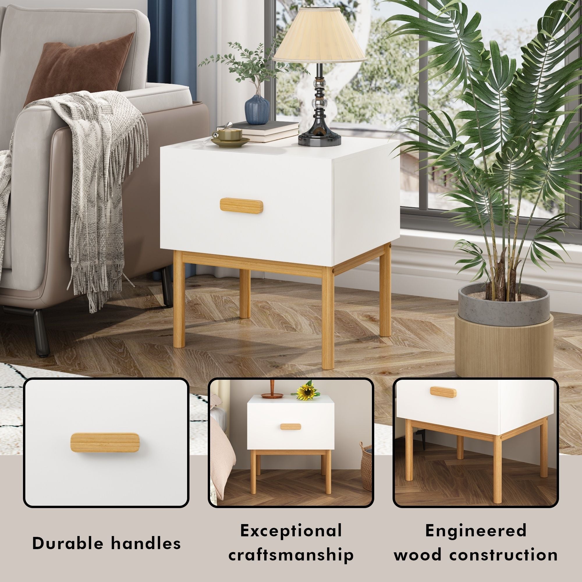Nightstand With Drawer, Minimalist Bedside Table With Handle For Bedroom - White