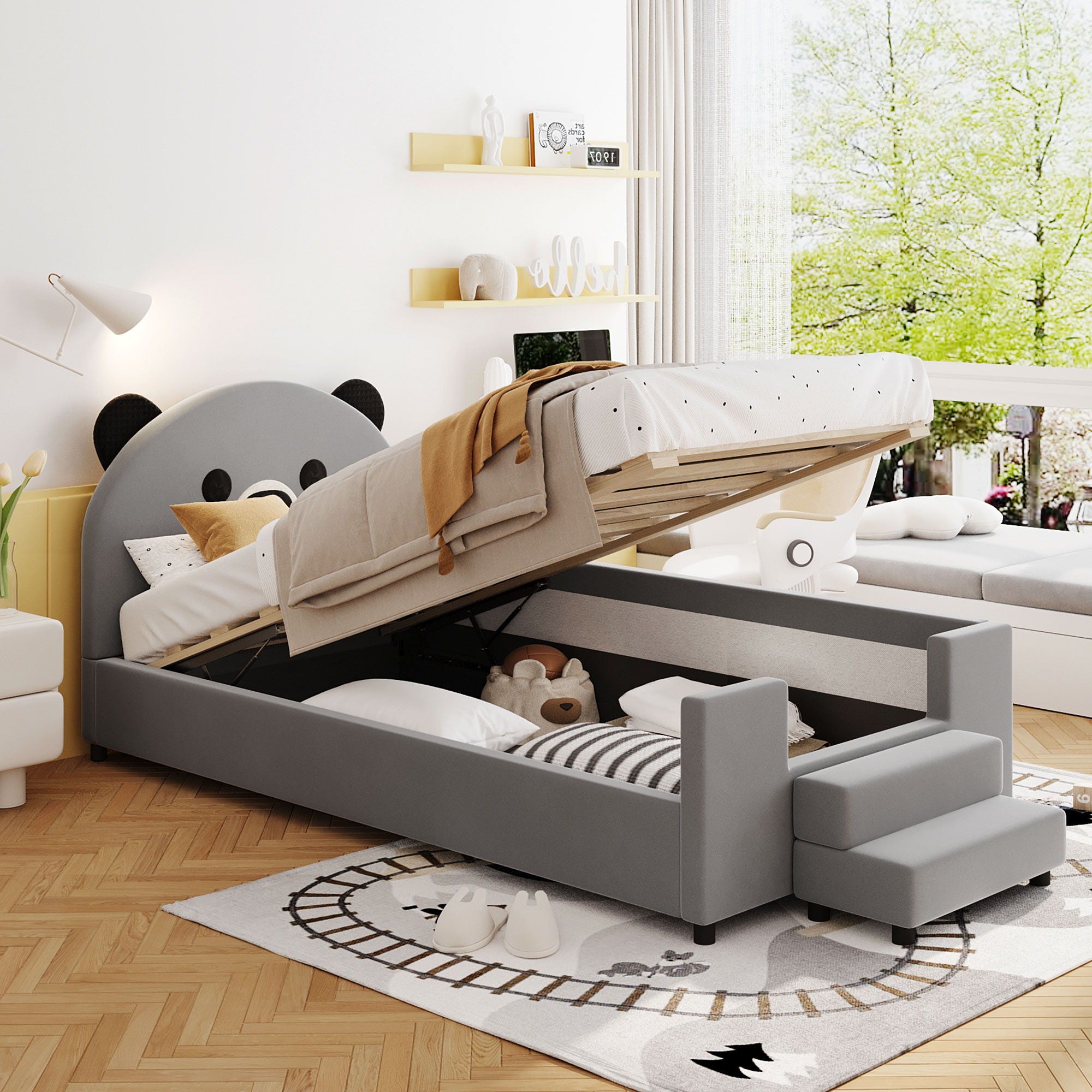 Upholstered Daybed With Bear Shaped Headboard, Hydraulic System And Breathable Mesh Fence