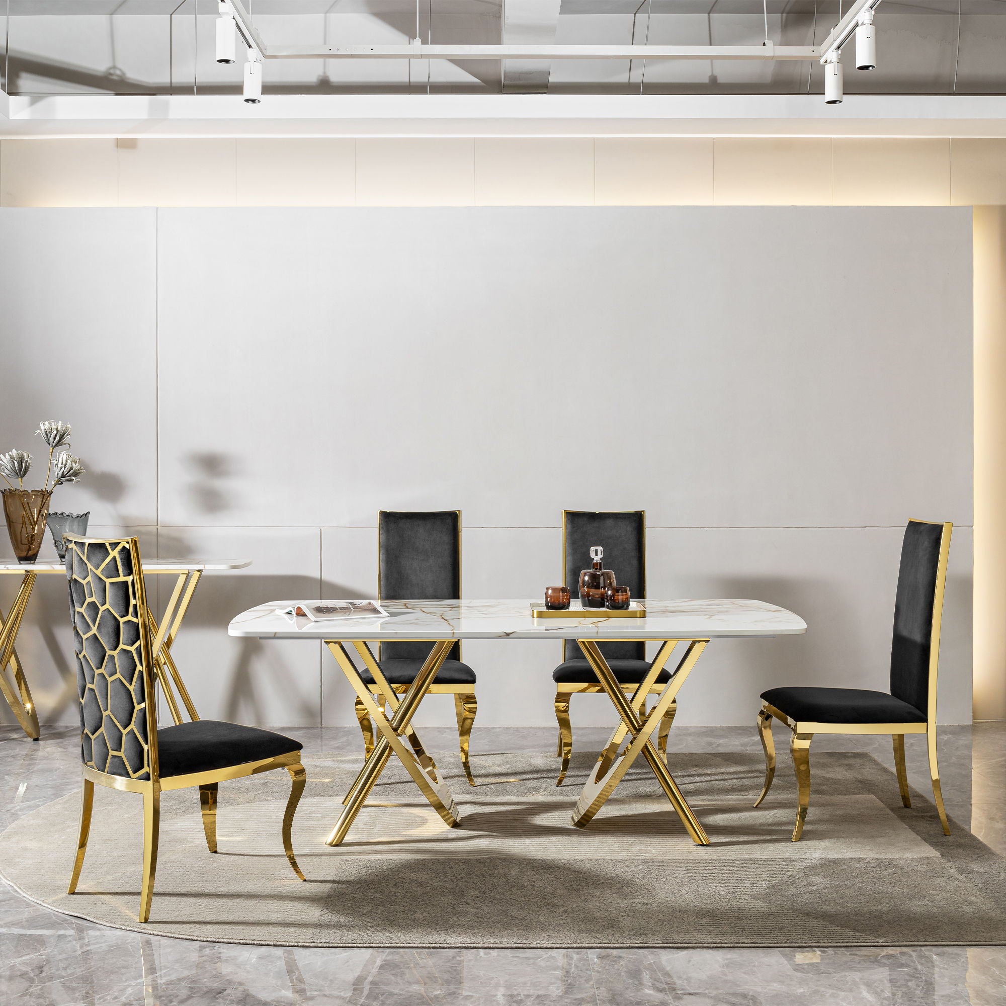 Marble Pattern Dining Table With Stainless Steel Base, Rectangular, Seats 6 Or 8 - Gold