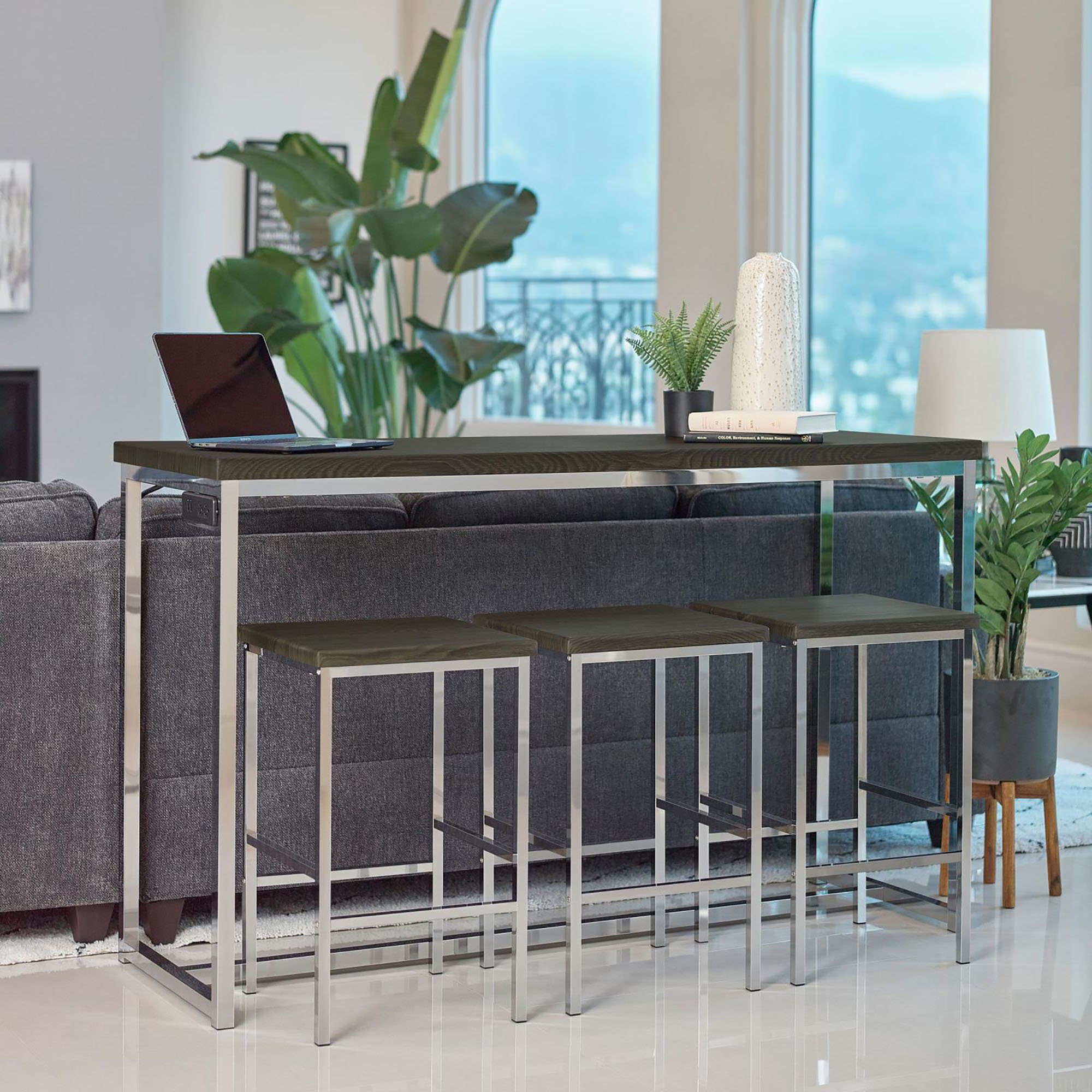 4 Piece Counter Table Set With Built In Power Outlet - Brown