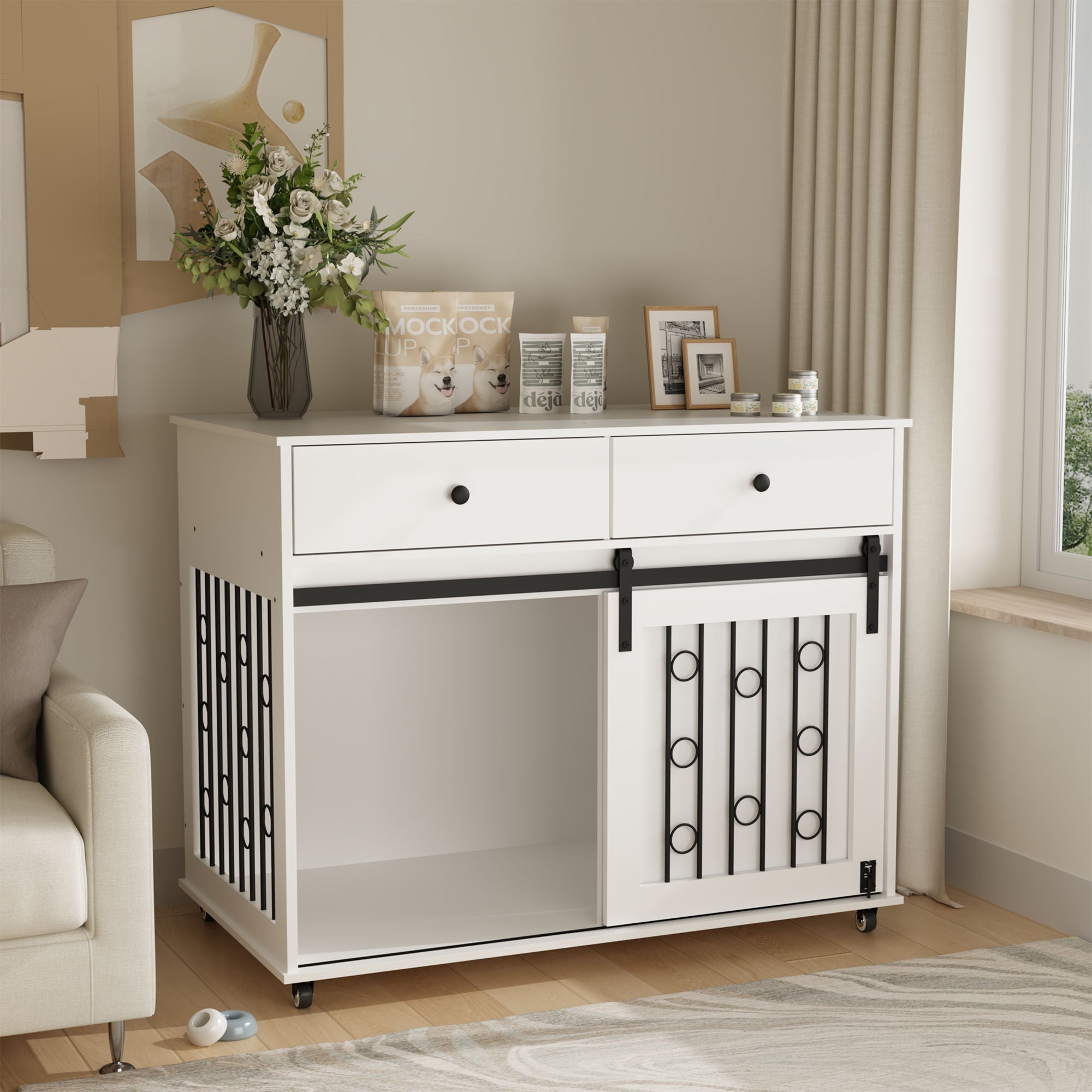 Dog Crate Furniture With Double Drawers And Sliding Barn Door, Pet Kennel For Small To Medium Dogs - White