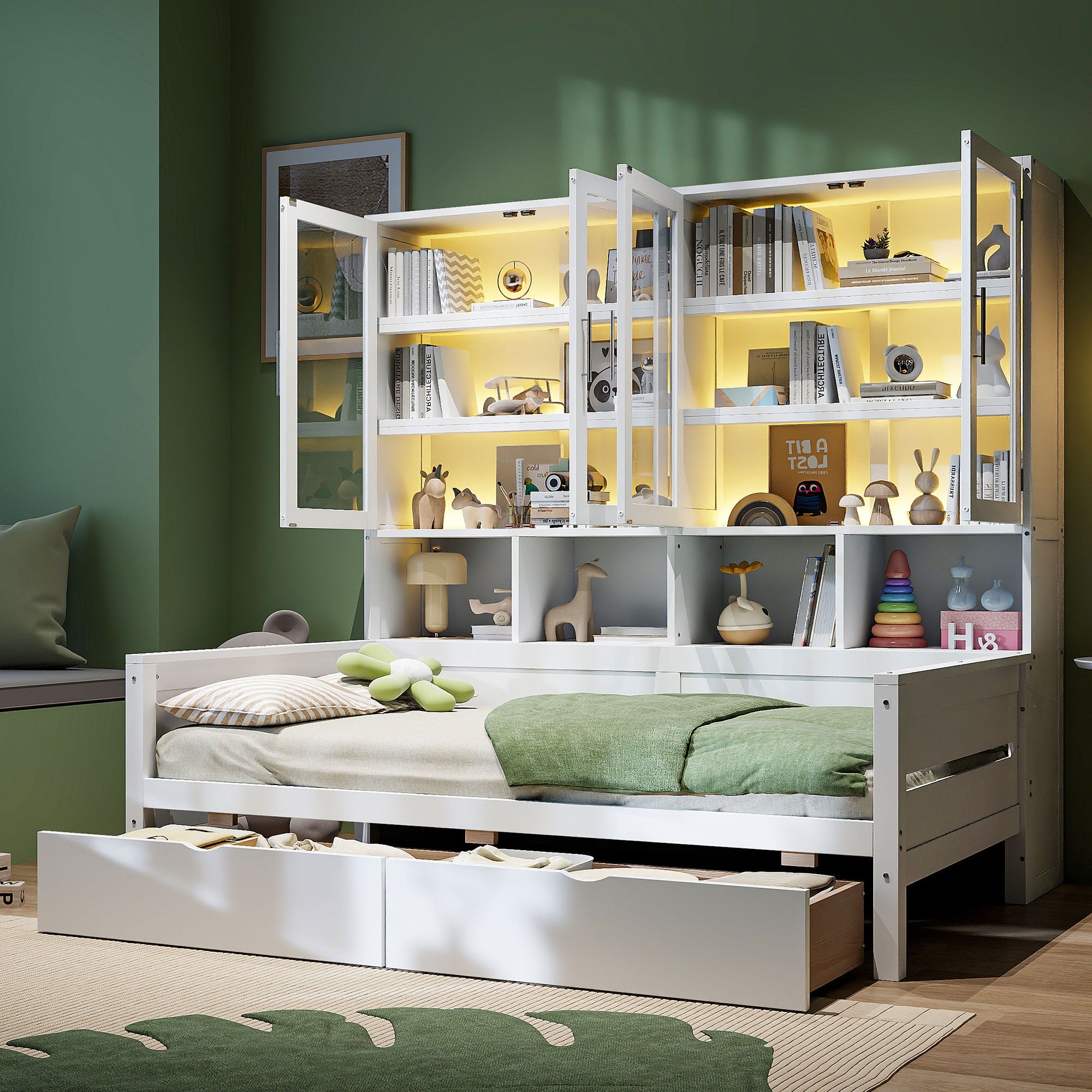 Daybed With Glass Door Storage Cabinets, Built In LED Lighting And Shelves