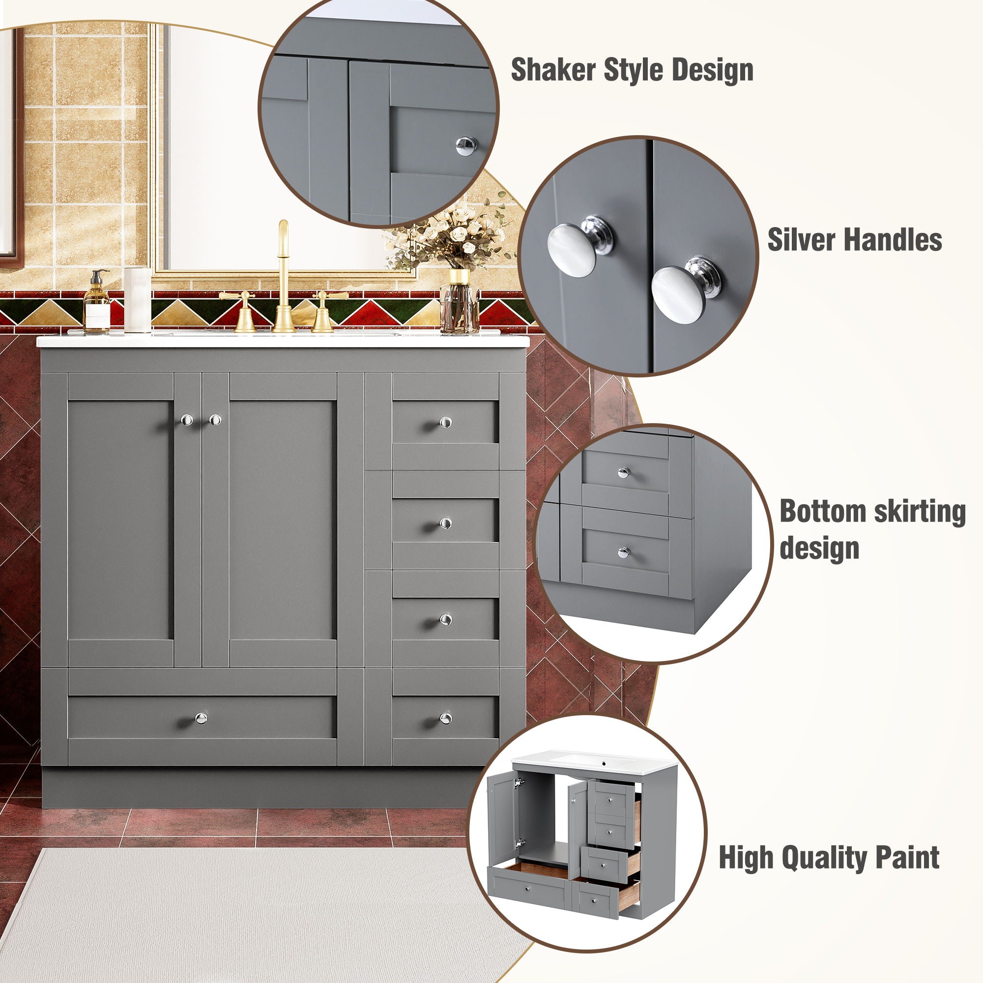 36" Shaker Free Standing Bathroom Vanity Cabinet With Sink, Soft Close Drawers, Soft Close Doors - Gray