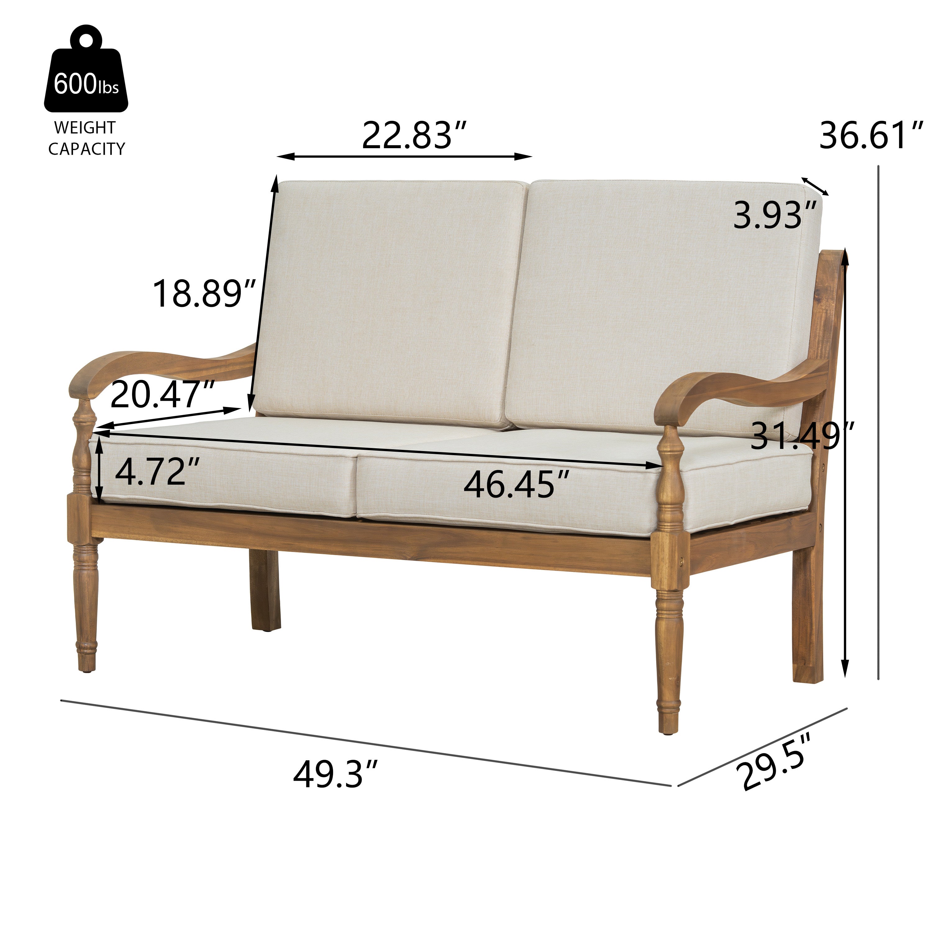 Outdoor Acacia Wood Loveseat with Cushions, Natural Finish with Beige Fabric