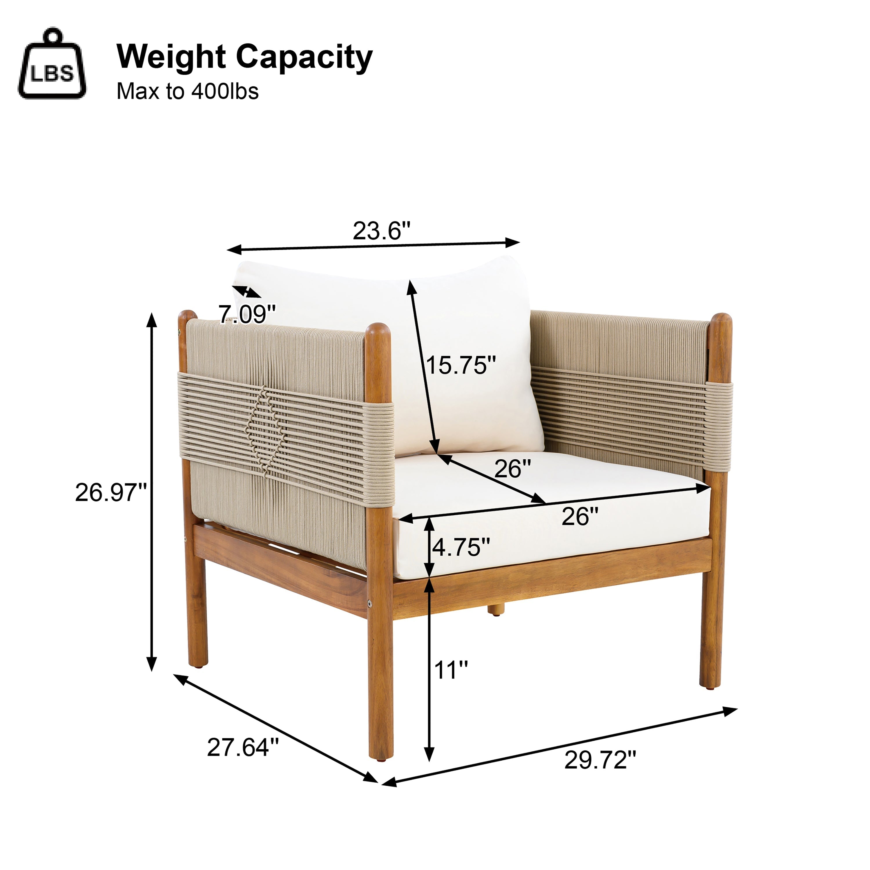 Outdoor Acacia Wood Club Chair with Diamond Rope Weave & Cushions, Teak Finish