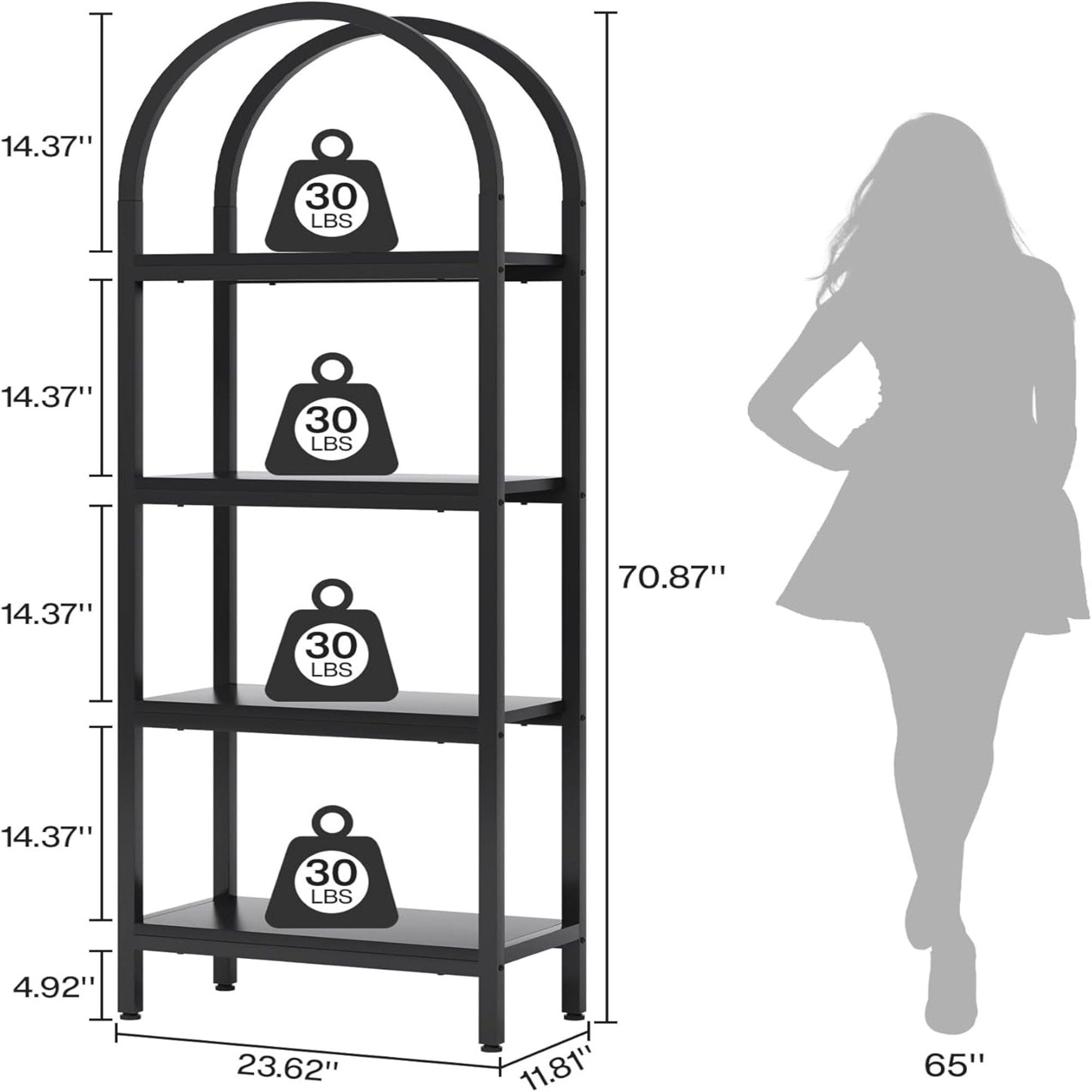 Tall 4 Tier Arched Open Bookshelf Storage Rack - Black