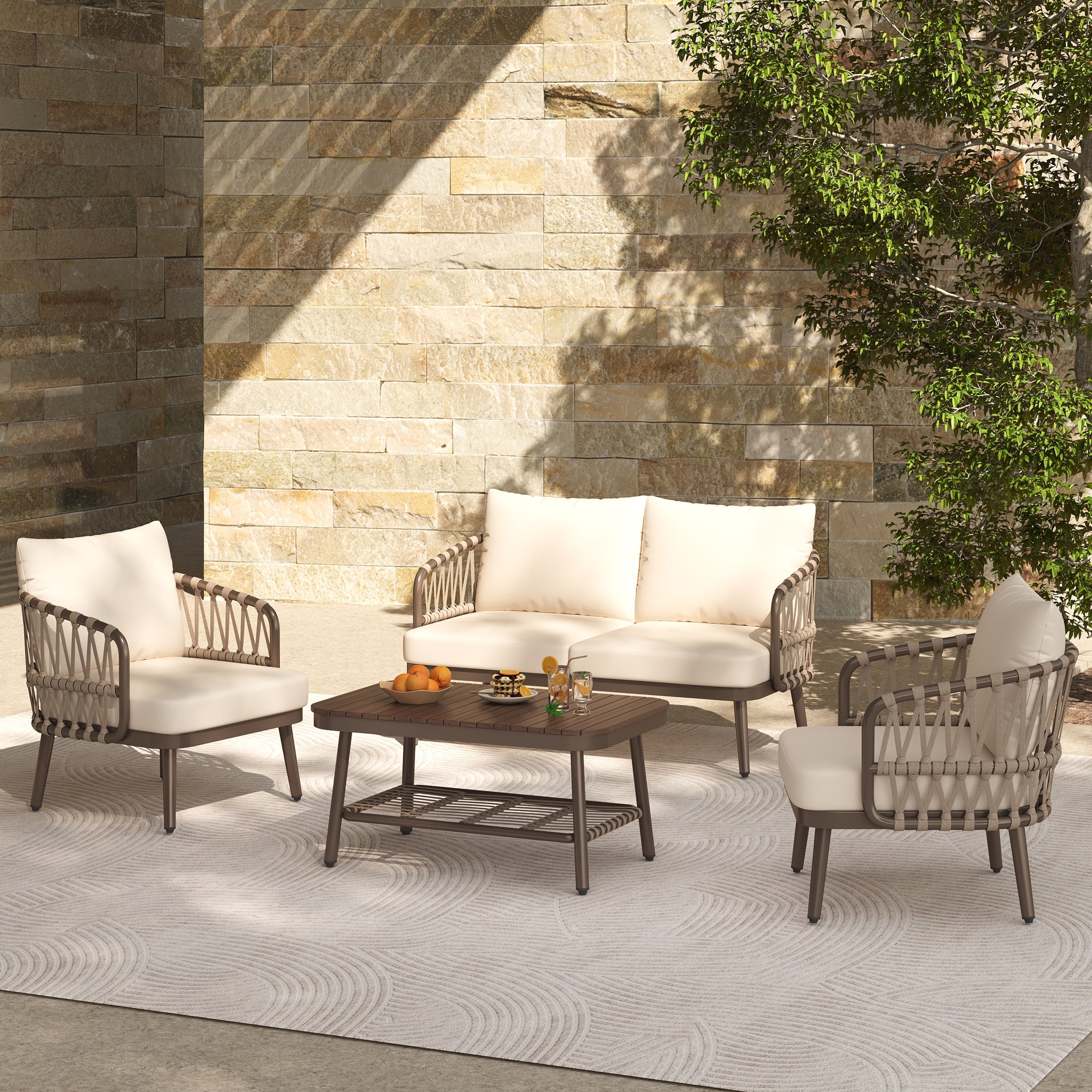 4-Piece Outdoor Patio Furniture Set with Metal Frame and Woven Rope