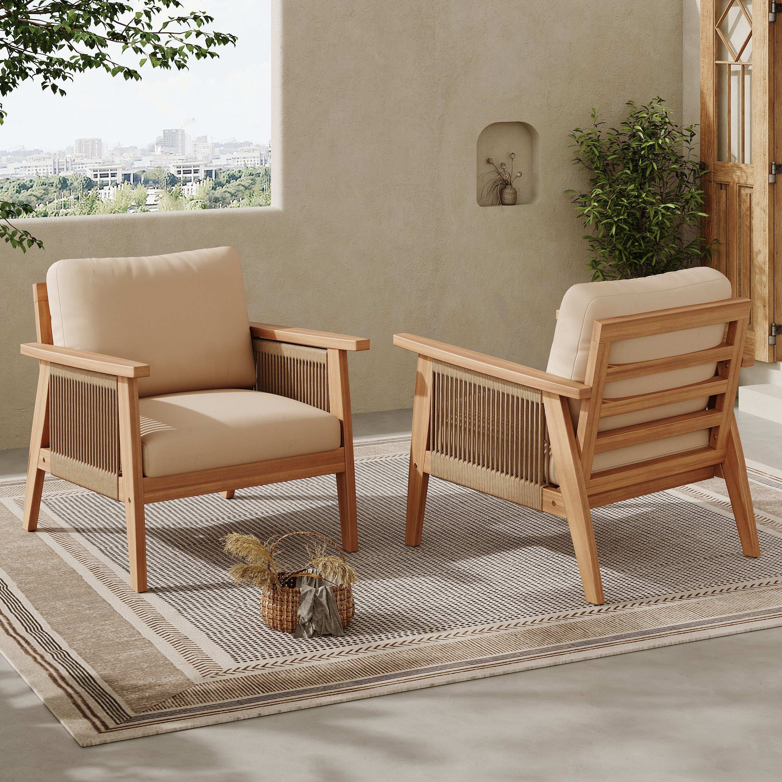 Outdoor Acacia Wood and Rope Patio Chair with Cushions (Set of 2)