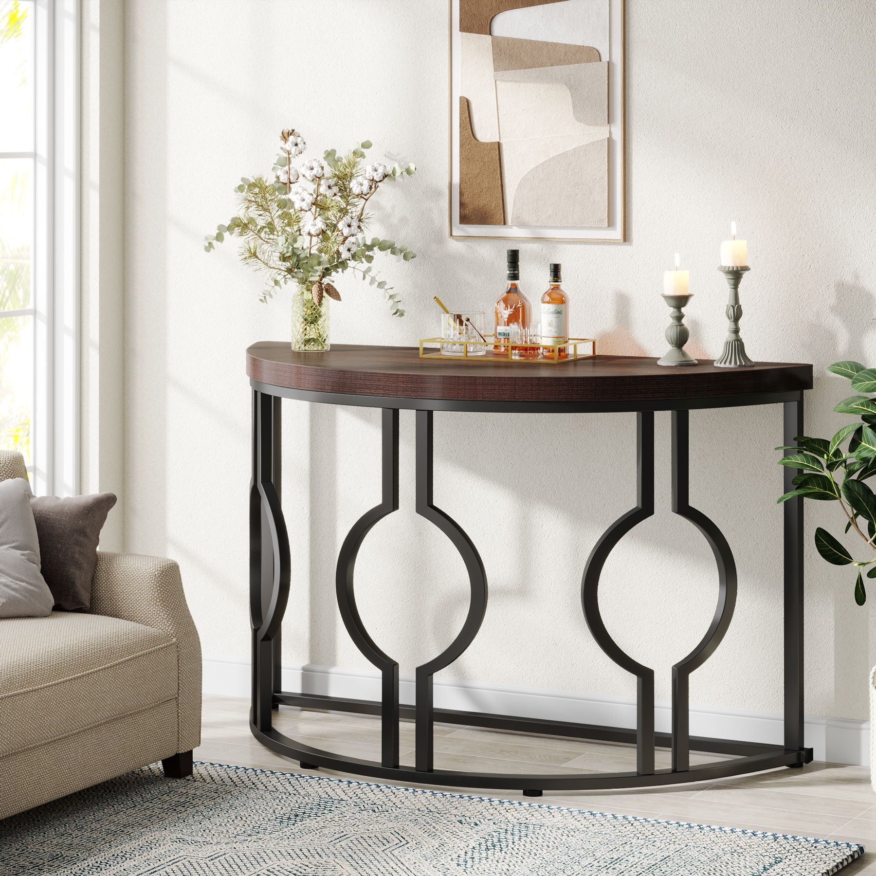 Semi Circle, Half Moon Console Table For Entryway With Geometric Base For Living Hallway - Rustic Brown