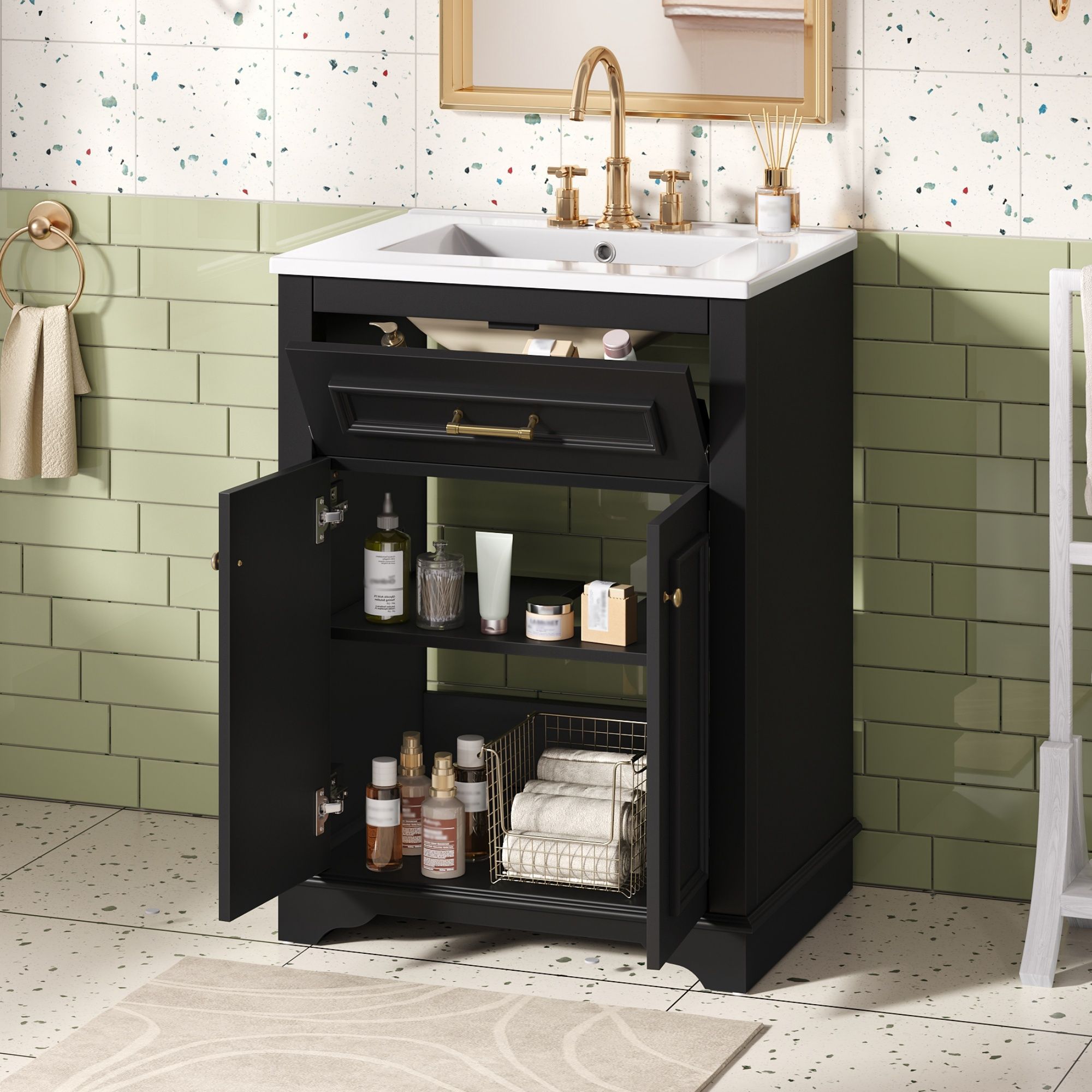 Bathroom Vanity With Integrated Sink, 2 Door Cabinet With Tip Out Drawer, Rectangular Design