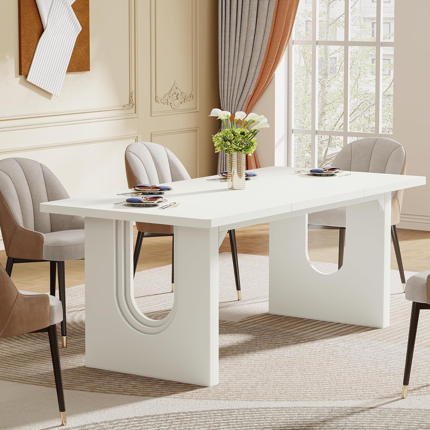 Rectangular Dining Table For 6 - 8 People With Pedestal Base